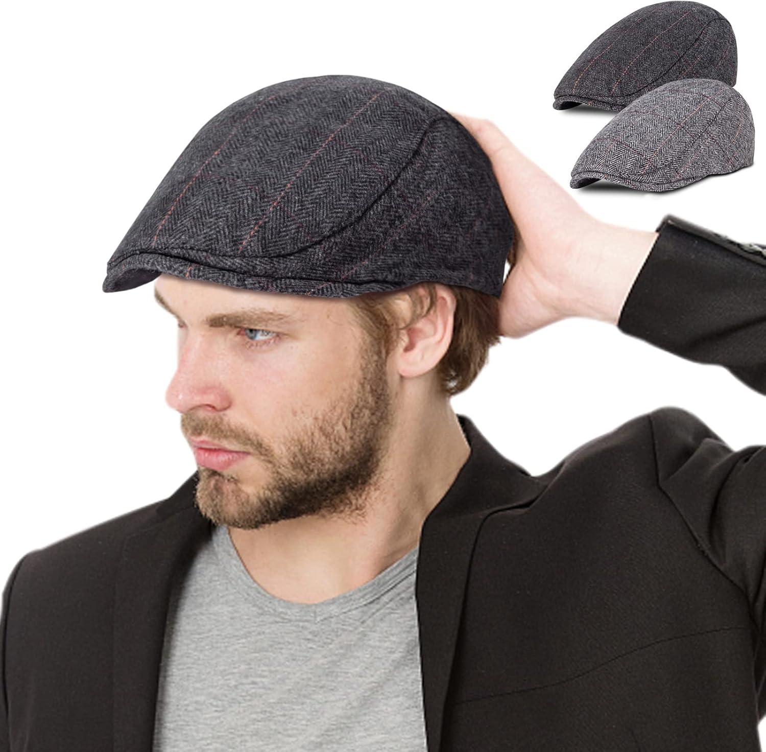 Senker 2 Pack Men's Classic Herringbone Tweed Wool Blend Flat Cap Ivy Gatsby Newsboy Cabbie Driving Hat,B-black/Grey,One Size at  Men’s Clothing store