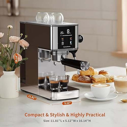 Miniatura 7 de Kismile Máquina de café expreso con espumador de leche, cafetera compacta de acero inoxidable de 20 bares con embudo de cápsulas, tanque de agua