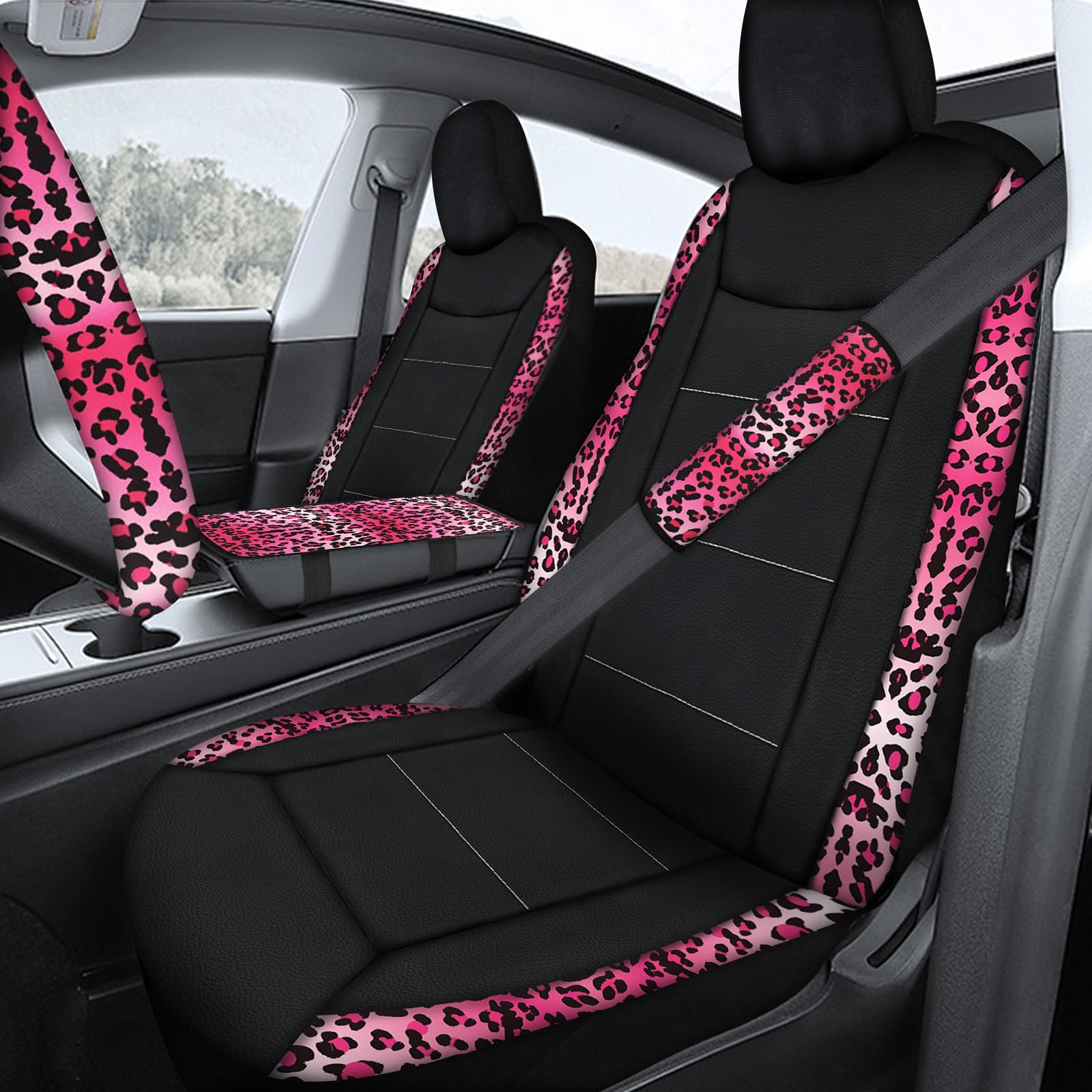 Set completo di 23 coprisedili per auto da donna, universali, con stampa, coprivolante, console centrale, accessori per occhiali da sole, SUV (stampa leopardata rosa)