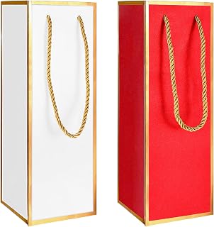 2 Pcs Wine Gift Bag for Wine Bottles, 4"X4"X14" Wine Bottle Gift Bags with Handles with Gold Foil Print, Reusable Liquor Bags for Party Wedding Party Anniversary Champagne Wine Bags (Red, White)
