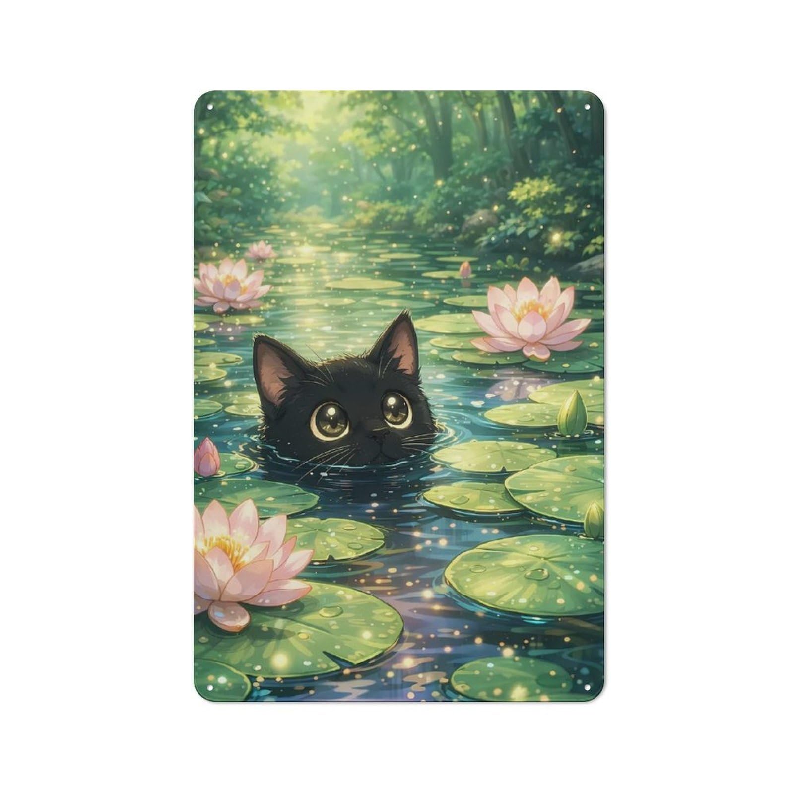 Junmoney Style-11 Cute Black Cat In A Lily Pond Decorative Metal Sign 30X20cm, Country Style Bistro Wall Plaque For Kitchen, Cafe, Pantry Or Dining Room