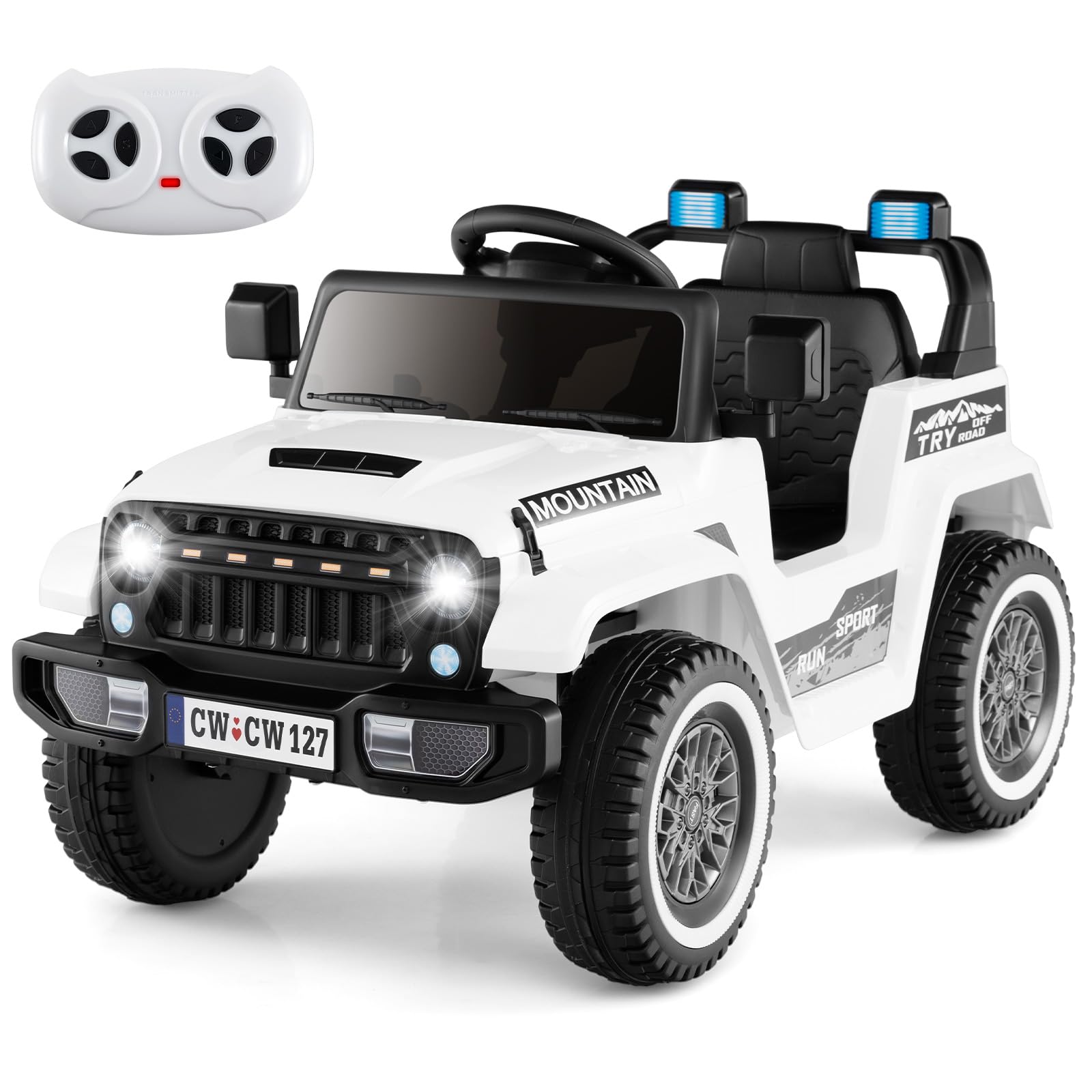 COSTWAY Elektryczny samochód dla dzieci, 12 V, elektryczny samochód dziecięcy z pilotem zdalnego sterowania, reflektorami LED, muzyką i USB, pojazd elektryczny dla dzieci od 3 lat (biały)