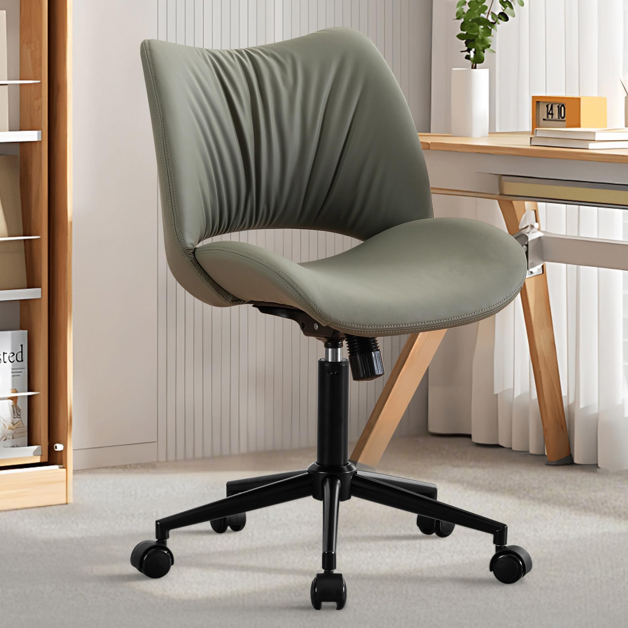 Rowill Armless Office Desk Chair, Ergonomic PU Leather Modern Task Chair with Back Adjustable Height, 360° Swivel Vanity Chairs with Wheels for Small Space, Home Office, Bedroom, Olive Green