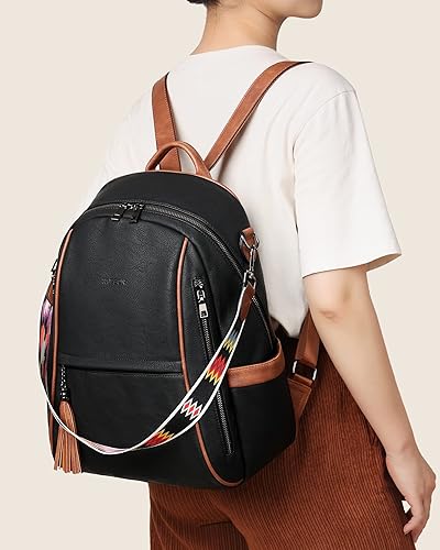 Miniatura 2 de FADEON Mochila de cuero para mujer, mochilas de moda, múltiples bolsillos de diseño, bolsos de hombro para mujer, L-Negro Con Marrón Estilo Retro,