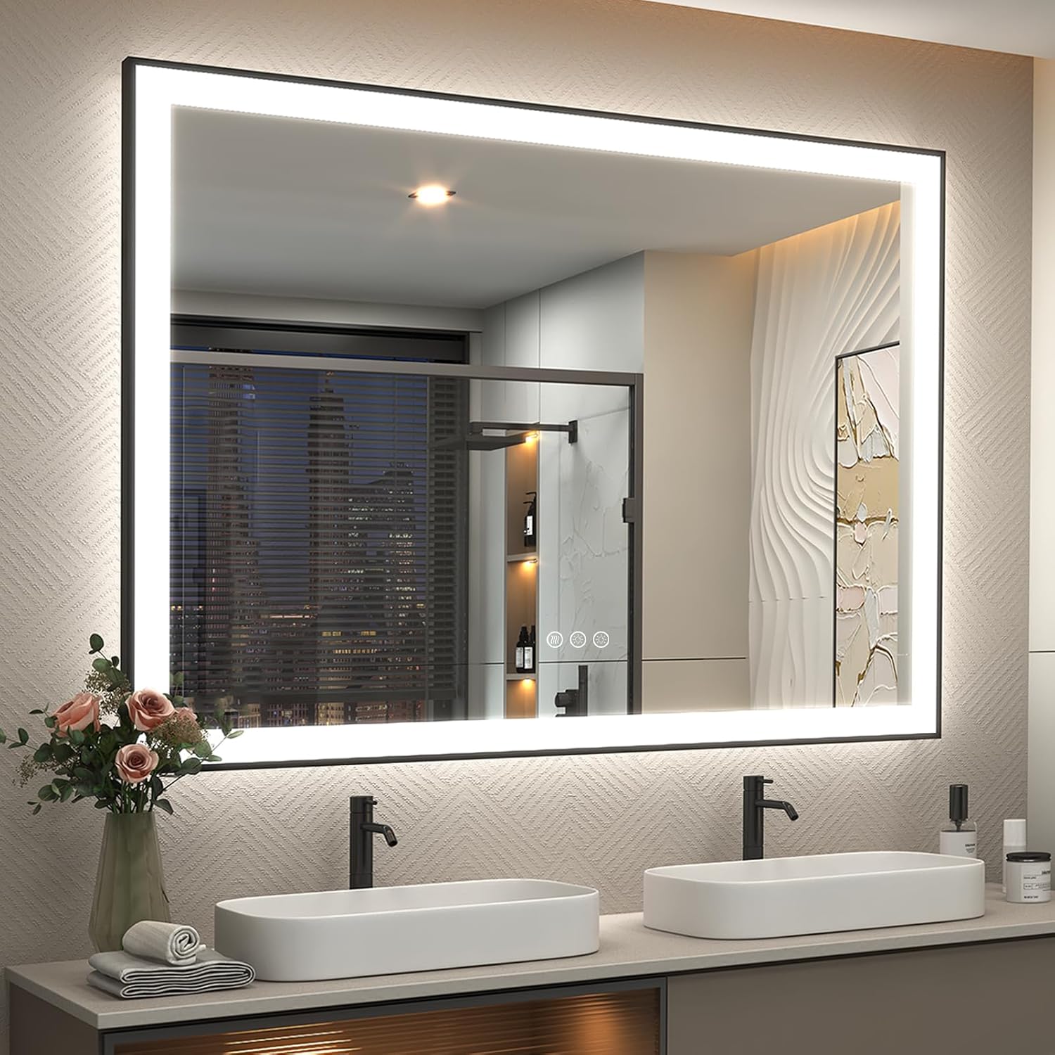 SMIROR Black LED Bathroom Mirror 50x40, Lighted Vanity Mirrors with Lights, Dimmable, Anti-Fog, Memory, Shatterproof (Real Front Lights + Backlit) Front Lights and Backlit With Black Frame 50"L x 40"W
