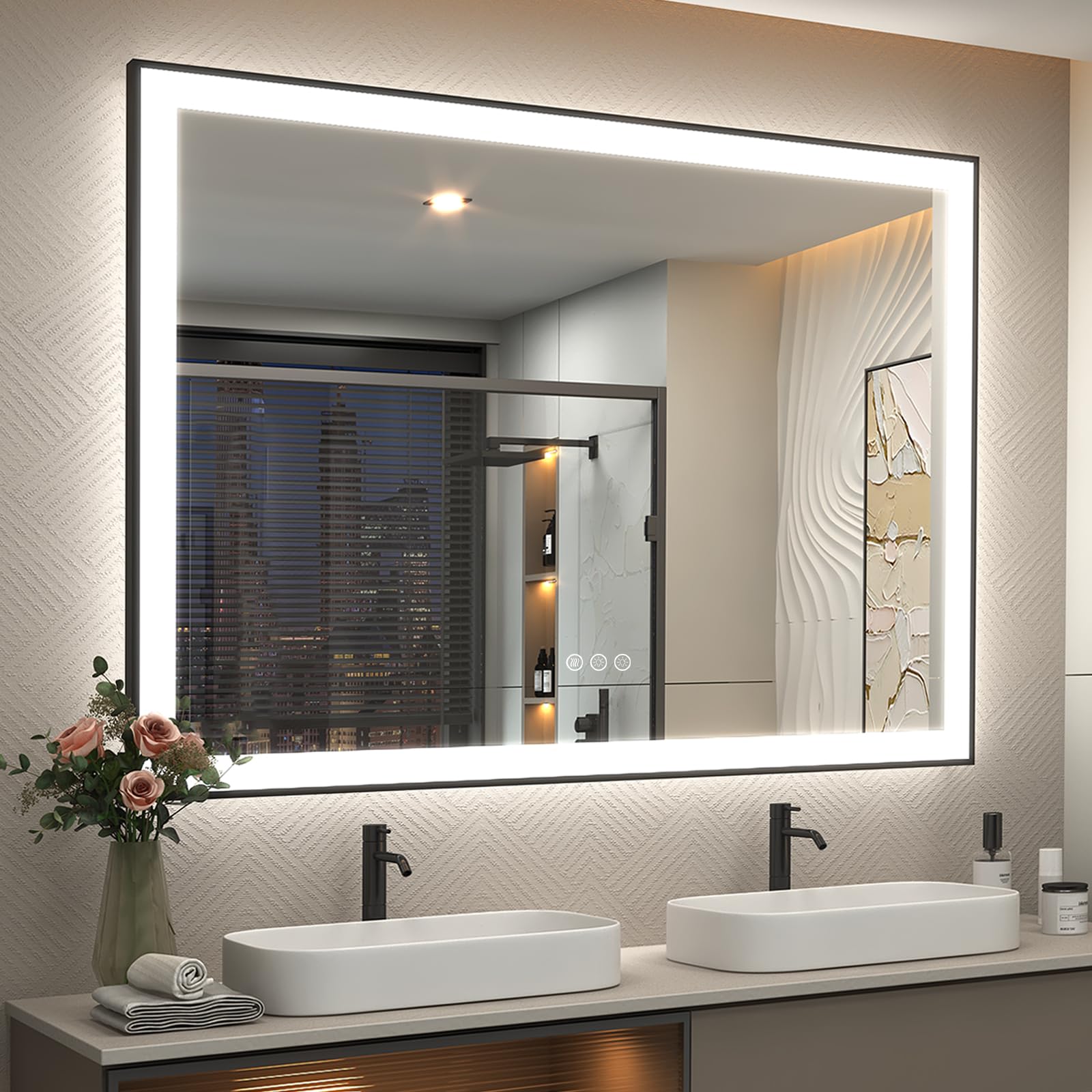 SMIROR Black LED Bathroom Mirror 50x40, Lighted Vanity Mirrors with Lights, Dimmable, Anti-Fog, Memory, Shatterproof (Real Front Lights + Backlit)