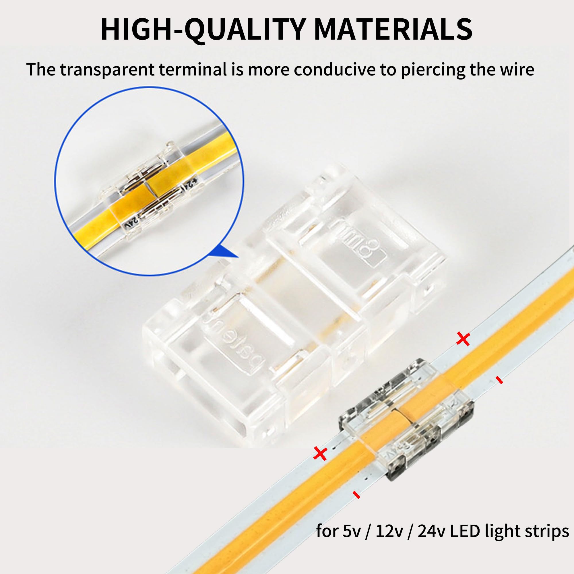 Clearhill 2Pin LED Light Strip Connectors,20Packs-8mm Solderless Quick Adapter for Single Color 5V/12V/24V LED Strips-Durable PVC & Copper,Transparent Terminal for Secure Connection - Image 3