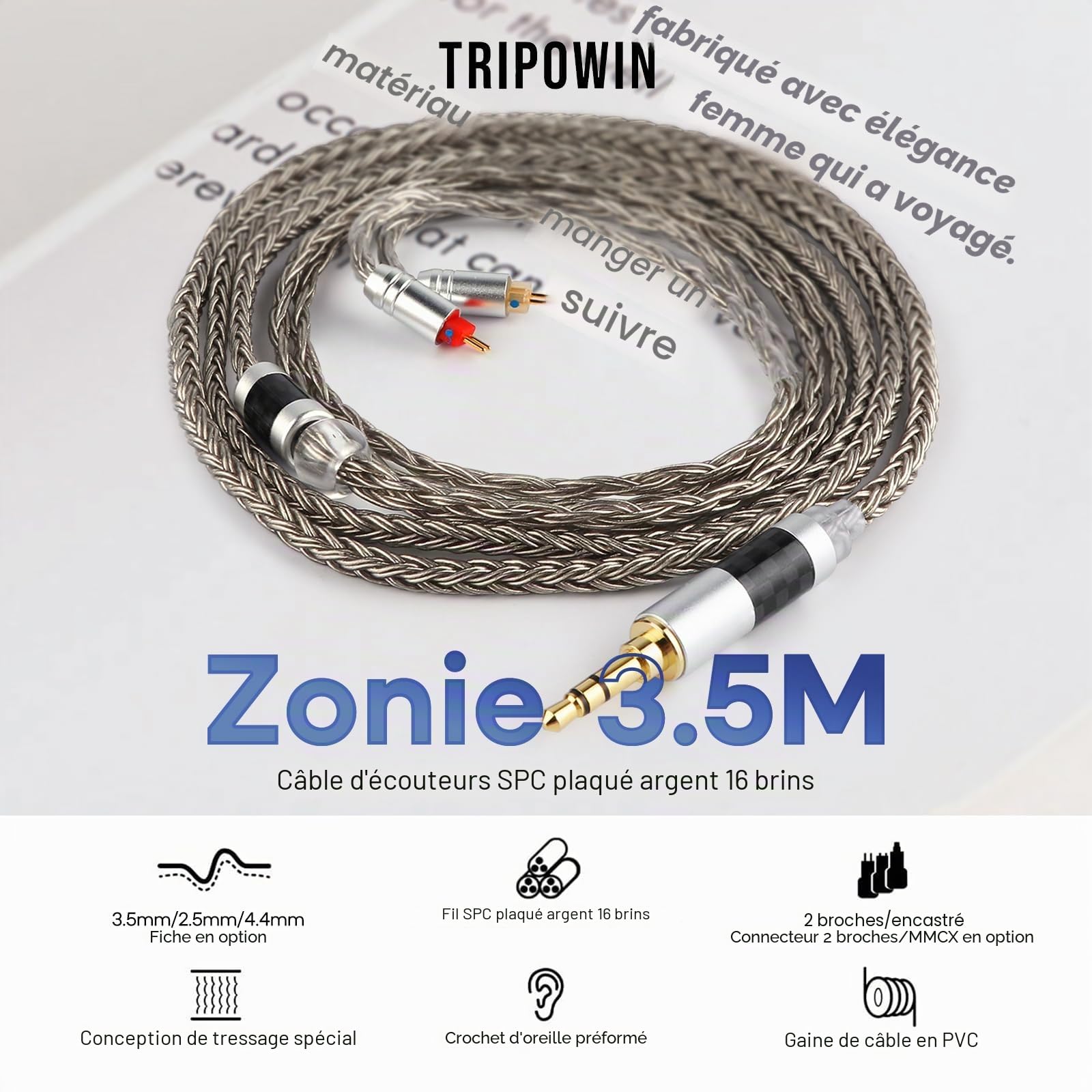 Tripowin Zonie IEM Câble 16 Fils Argenté 1,25m SPC In Ear Monitor 3,5mm 0,78mm 2pin Gris