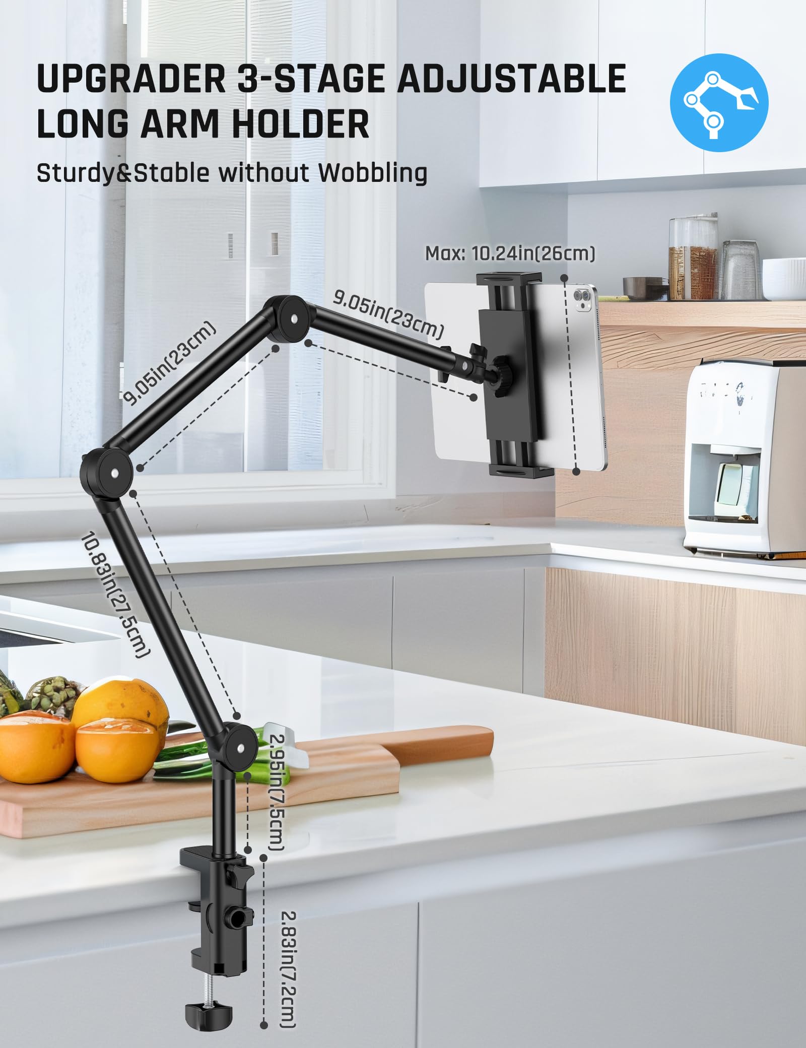Jumkeet Support Tablette pour Lit, Support Réglable Rotatif à 360° avec Bras Stable, Bras Pliable pour iPhone Samsung Smartphone Series/iPad/Nintendo Switch/Kindle ou Autres appareils 4,7 à 12,9"