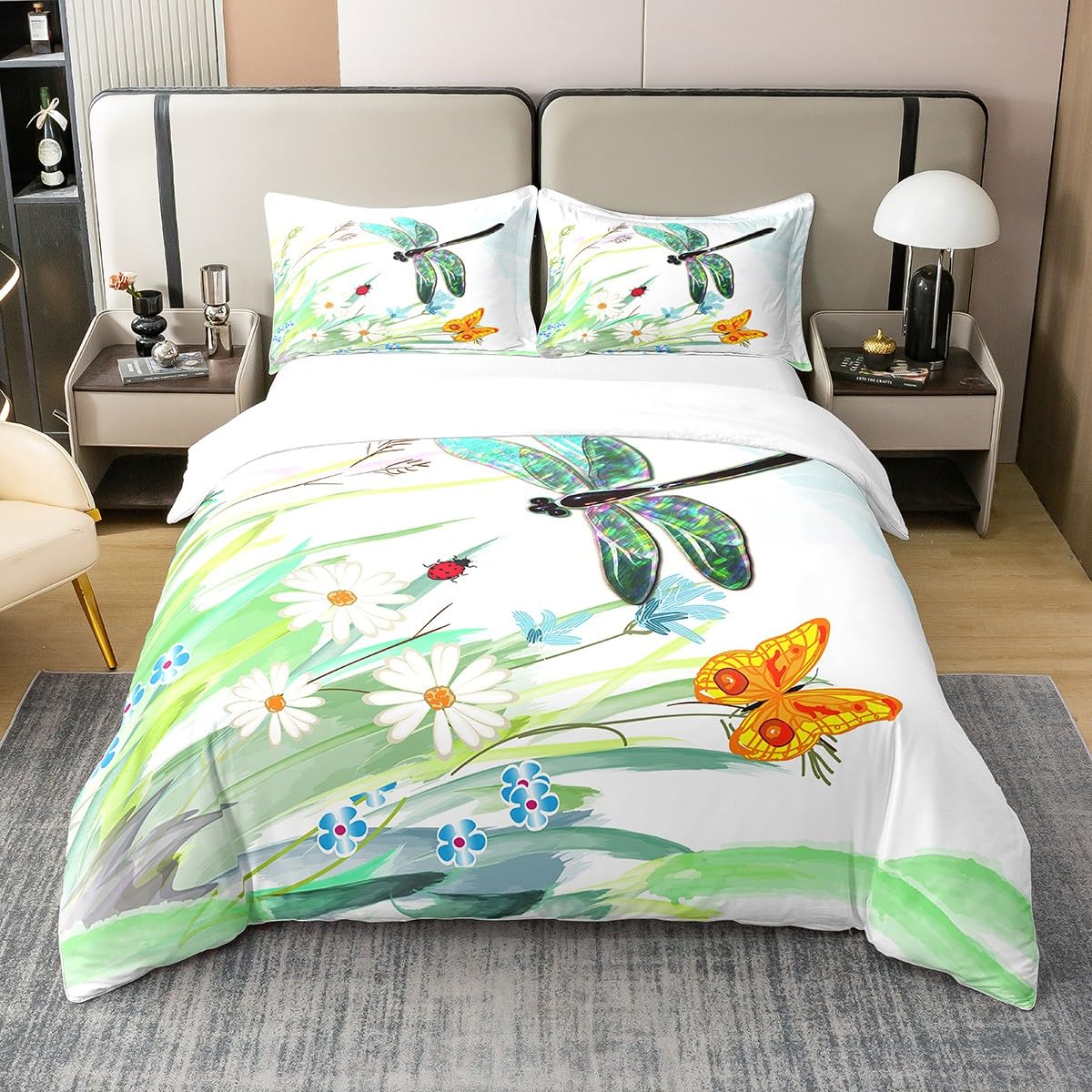 Dragonfly Bedding Set Spring Nature Floral Cotton Duvet Cover Set King Size for Boys Girls Children Blossom Flower Butterfly Comforter Cover Set Room Decor Bedspread Cover 3Pcs โ image 1