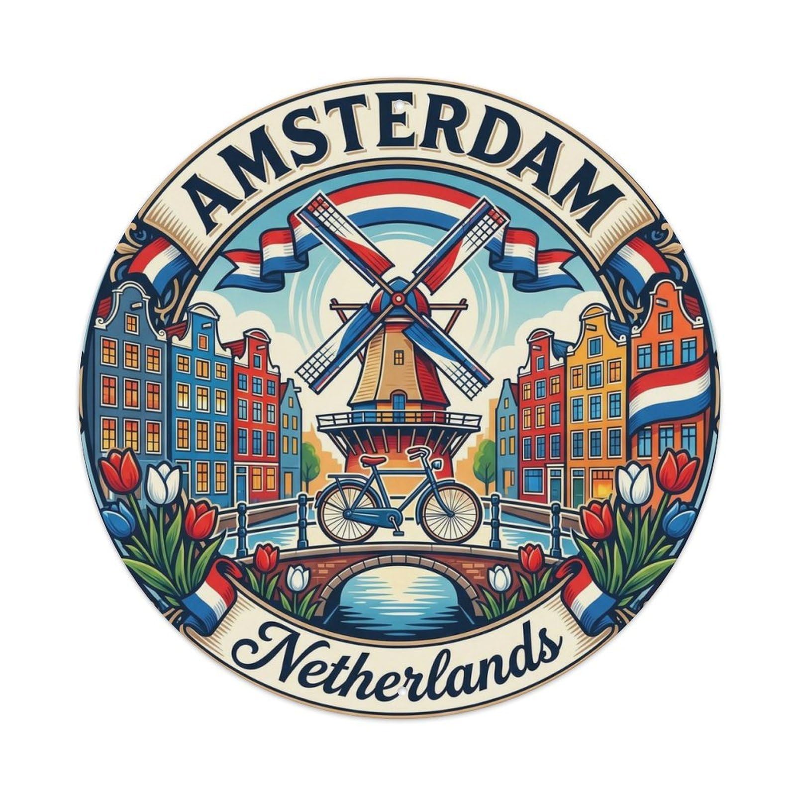 Amsterdam Dutch Flag Windmill Vintage Travel Heritage City Metal Tin Sign Plaque Wall Decor for Cafe, Man Cave, Club Bar, Office, Home Garden Round Metal Poster 8x8Inch