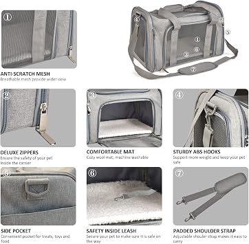 Henkelion Cat Carriers Dog Carrier Pet Carrier For Small / Medium Cats Dogs Puppies (Up To 15lbs), TSA Airline Approved Small Dog Carrier Soft Sided, Collapsible Waterproof Travel Puppy Carrier - Grey
