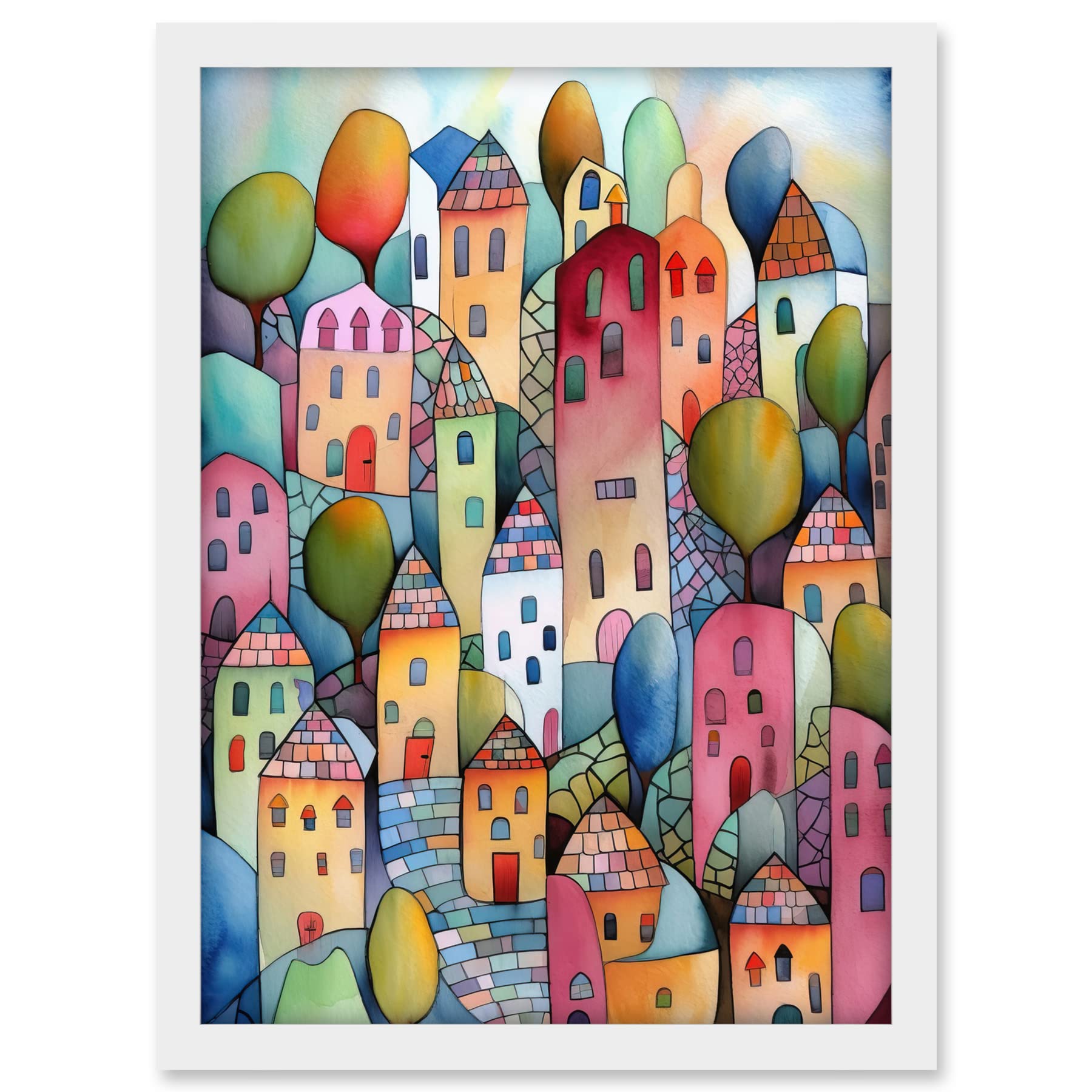 Artery8 Village On The Hill Cobble Streets Folk Art Artwork Framed A3 Wall Art Print