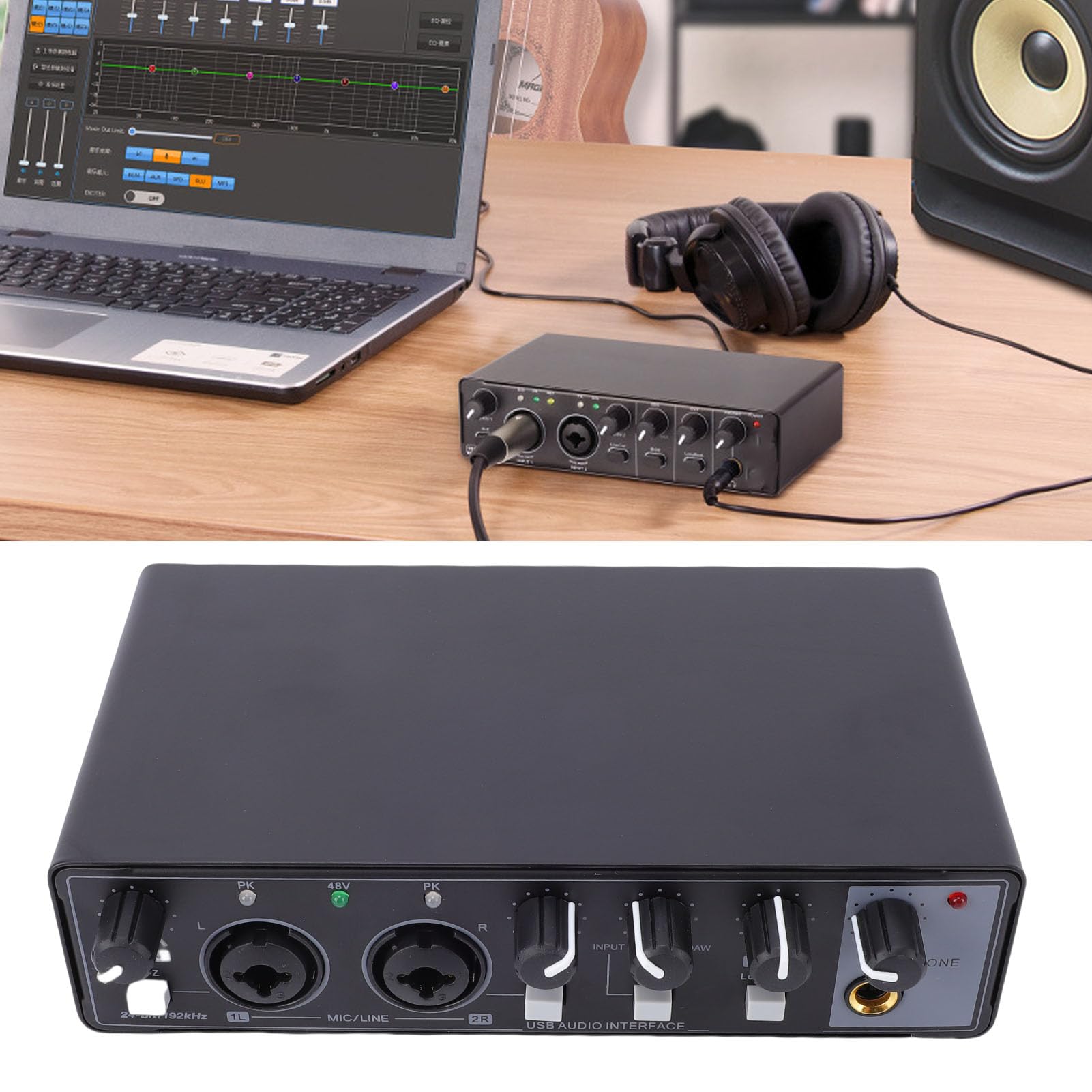 Bewinner Interfaz de USB C, Grabación de 24 Bits a 192 KHz con Preamplificador Transparente y Entrada Hi Z, para Músicos que Transmiten Podcasting, PC, Mac, Software DAW (BLACK)
