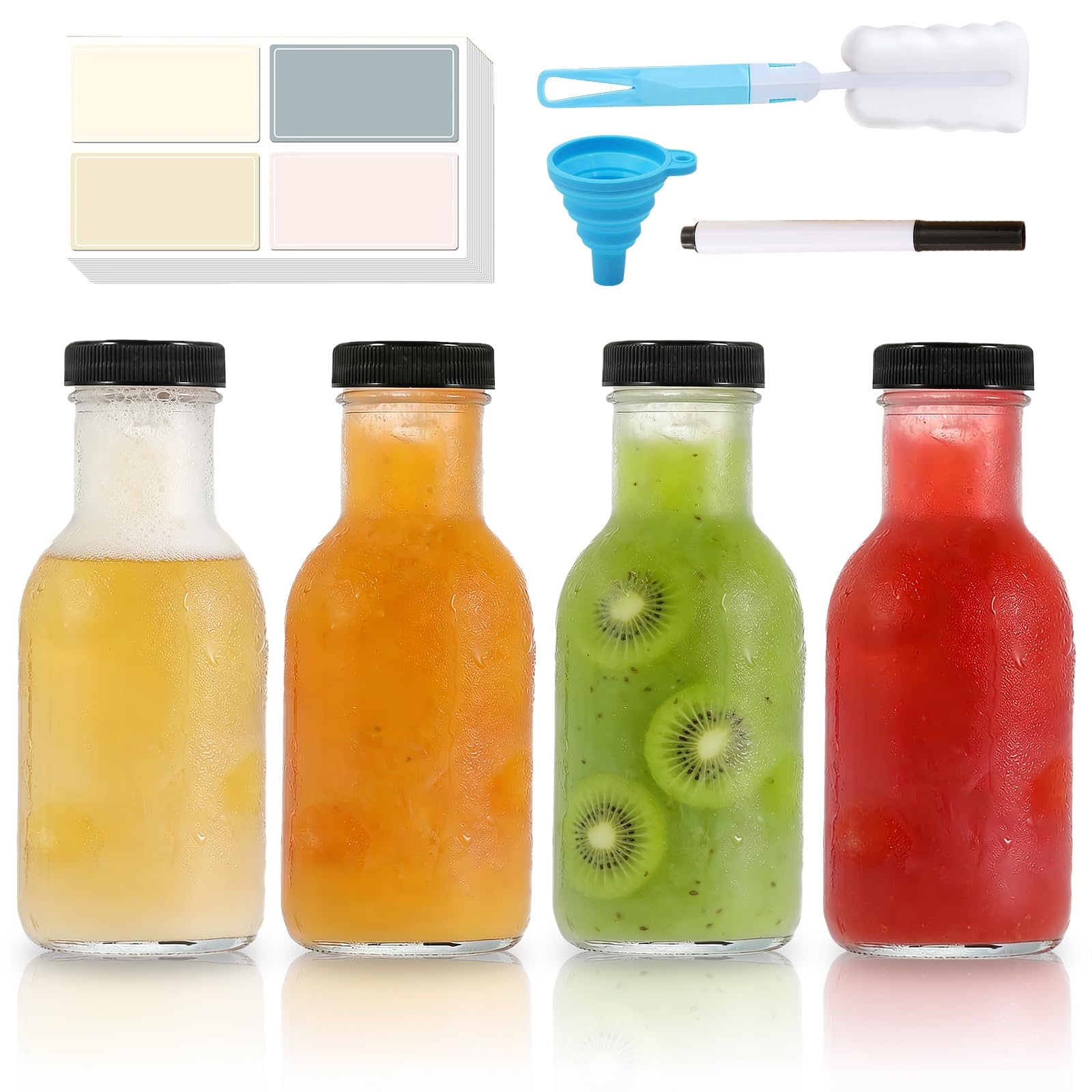 Meetoz Transparent 4 Pack 250Ml Glass Juice Bottles With Lids, Reusable Clear Glass Bottles, For Family, Camping, School, Travel, Smoothie, Milk, Juicing, Sauce Jar, And Other Drinkings