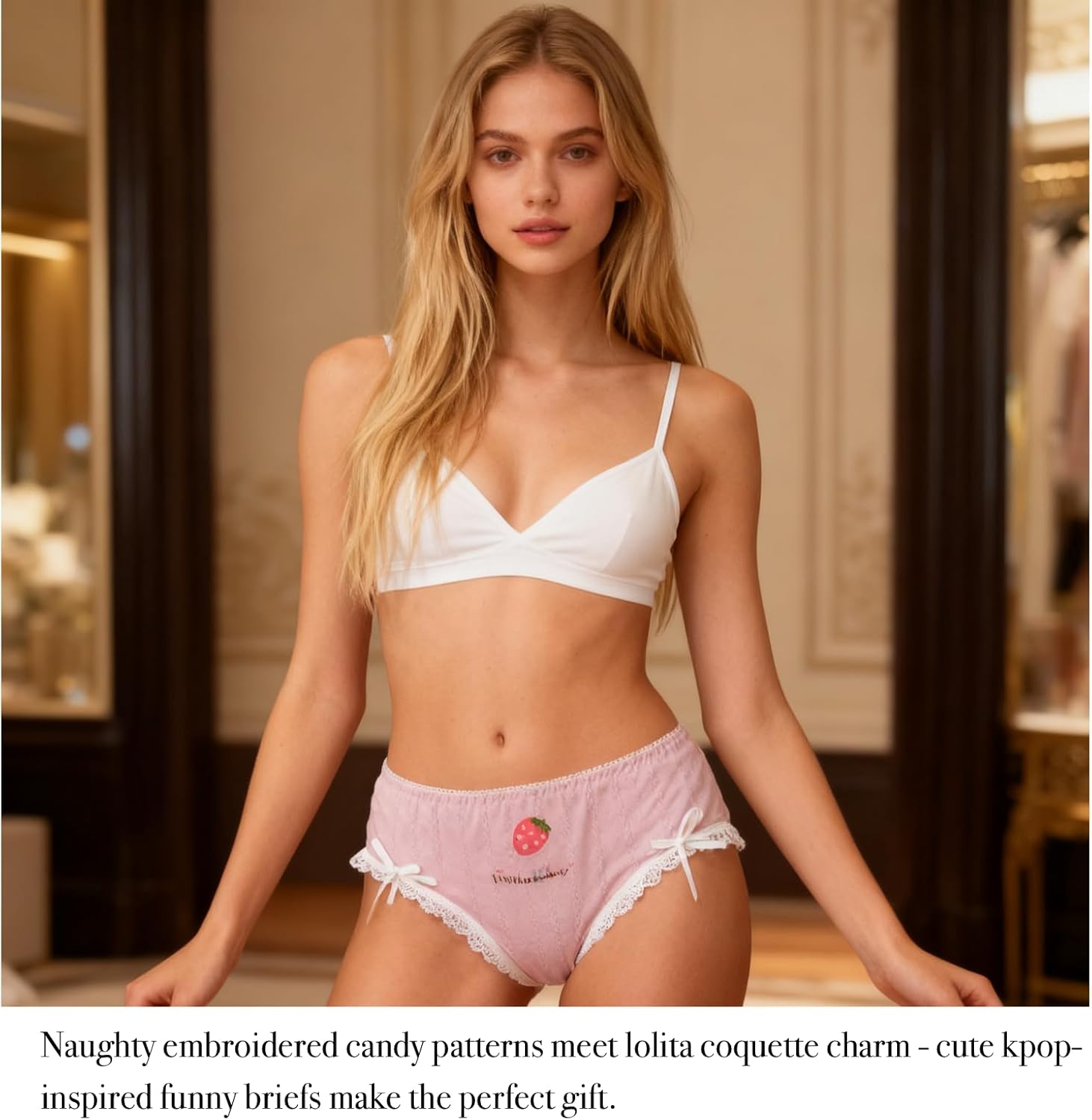 Womens Underwear for Women 5 Packs Panties Cute Cotton Kawaii Japanese-Style Lace Cherry Strawberry Bunny