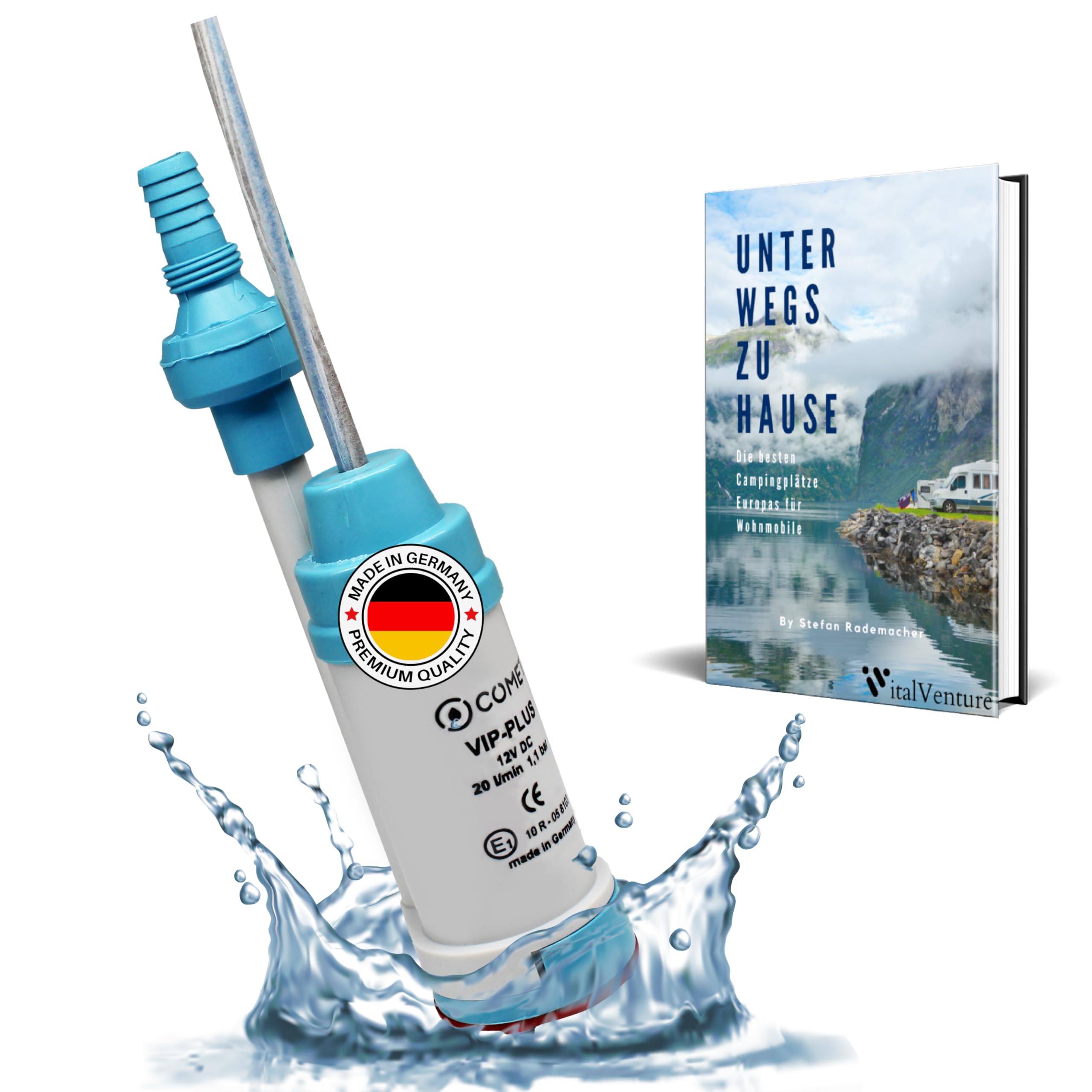 Comet VipPlus Wasserpumpe Mit Rückschlagventil (Fest) + Filter Mit Set Camping Ebook - Für Wohnmobil, Wohnwagen - Tauchpumpe 12V
