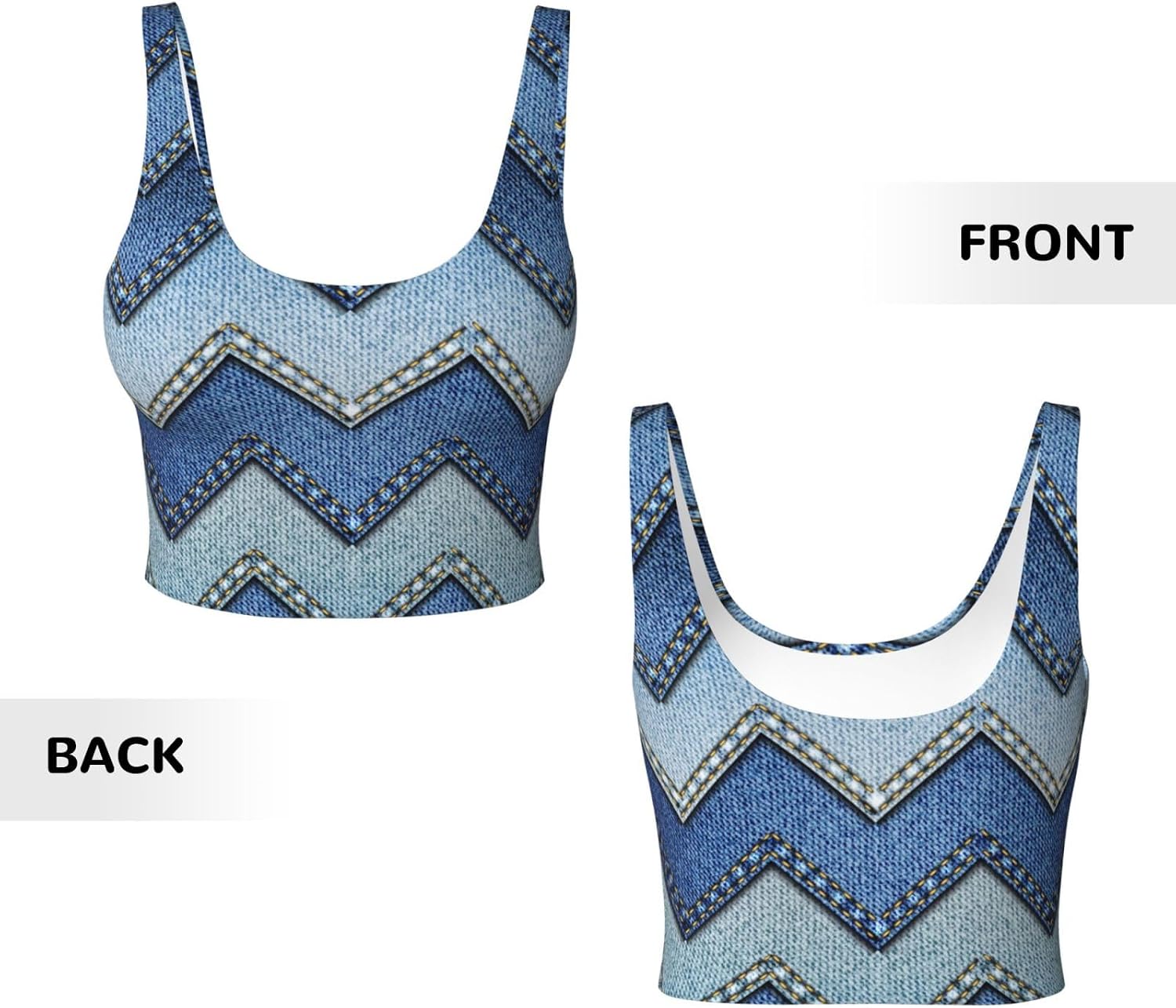 Gradient Blue Denim Print Women's Strappy Sports Bra, Stretch Gym Bras U Neck Yoga Tops, Comfort Seamless Bra