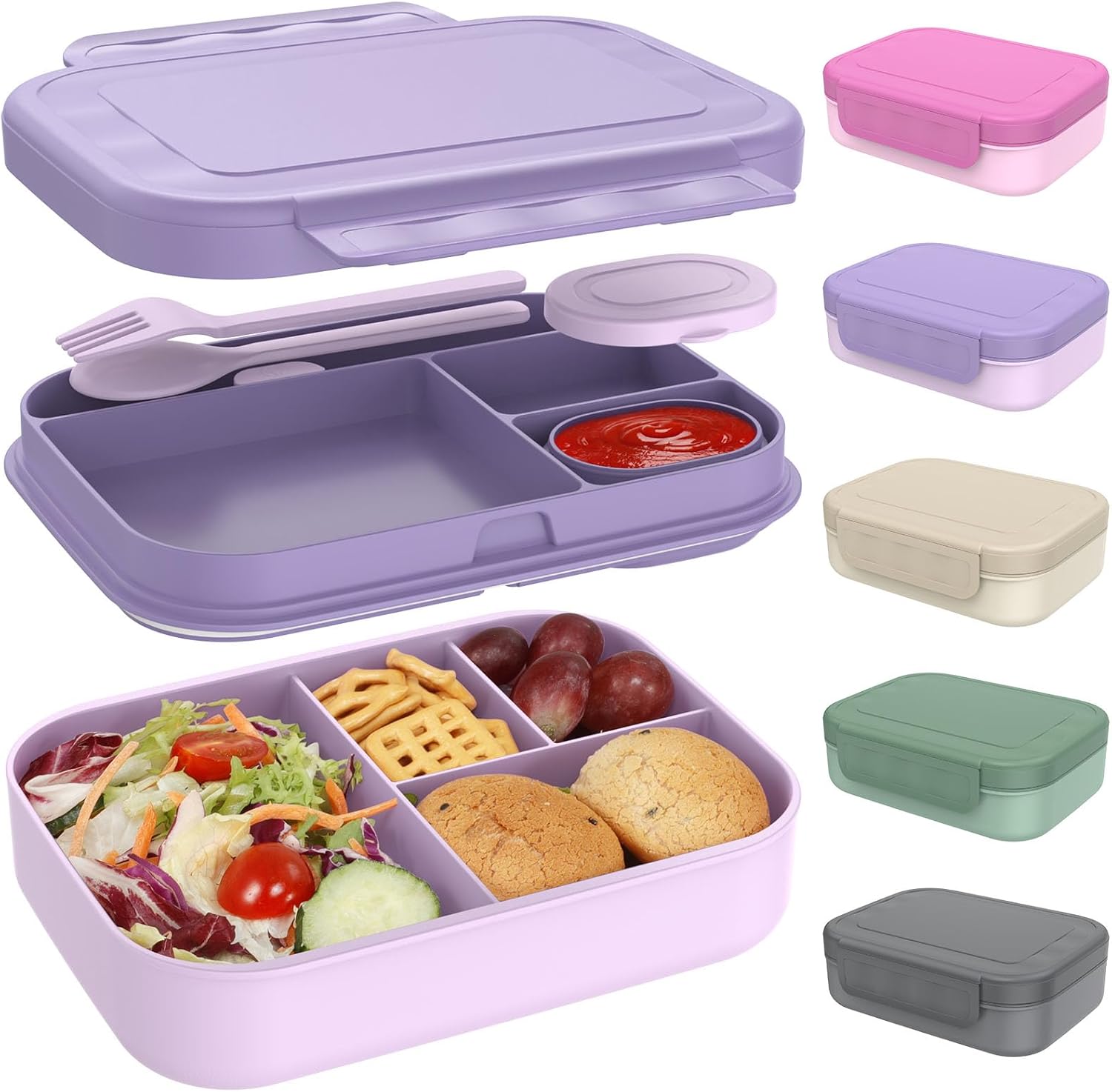 Caperci Stackable Bento Lunch Box for Adult & Teens - Reinforced Leak-Proof Lunch Container 4-Compartment with Utensils & Sauce Container, BPA-Free, Dishwasher/Microwave Safe, 47oz (Orchid Bloom)