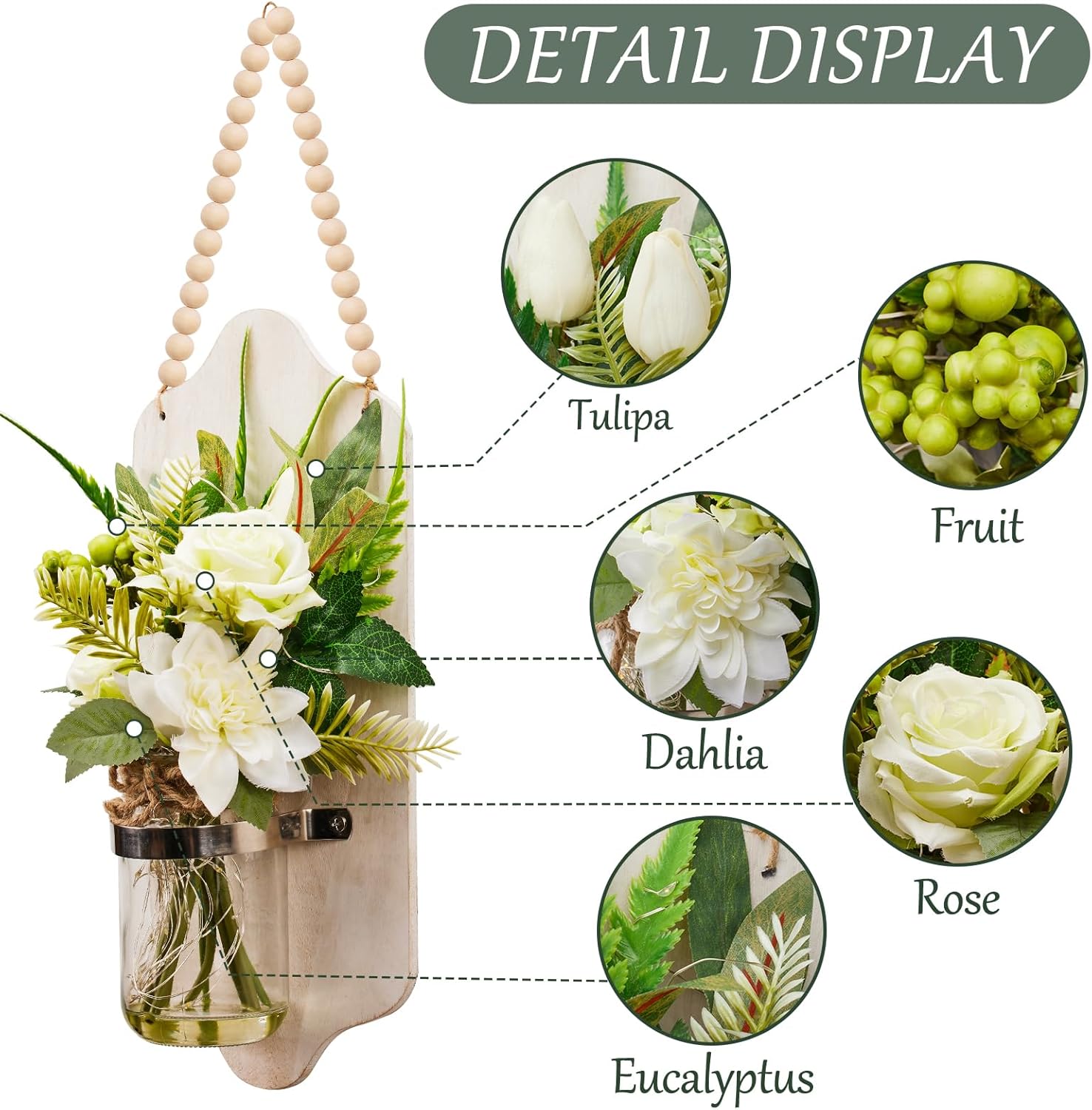 Lighted Mason Jar Wall Decor with Artificial Flowers, Wooden Welcome Sign, Battery Operated, 35 Timer LED Lights, Rustic Farmhouse Style Christmas Festival 2