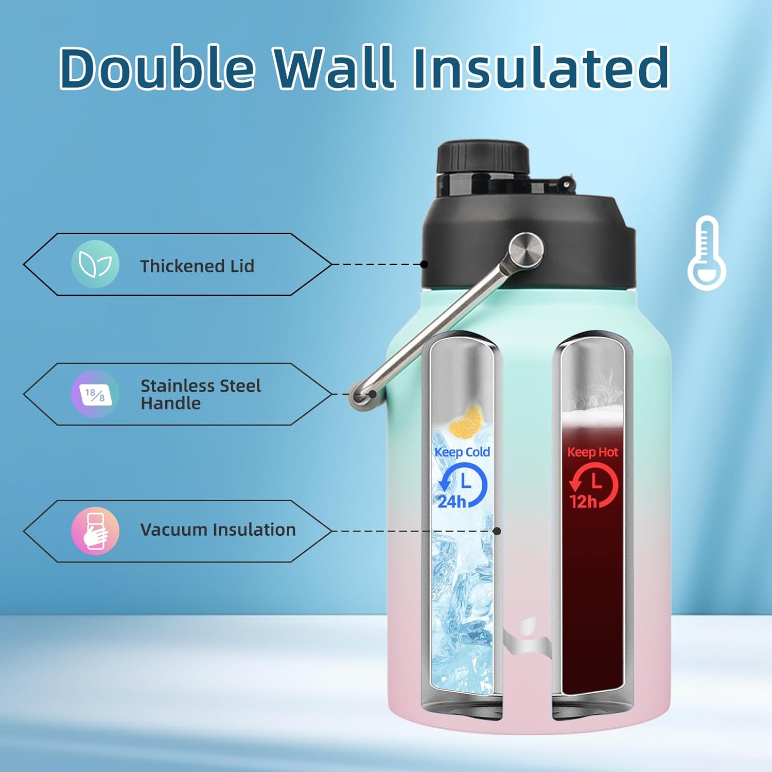Konokyo Half Gallon Jug with Handle,64 oz Insulated Water Bottle with Carrying Pouch,Double Wall Vacuum Stainless Steel Metal Bottle,Gum