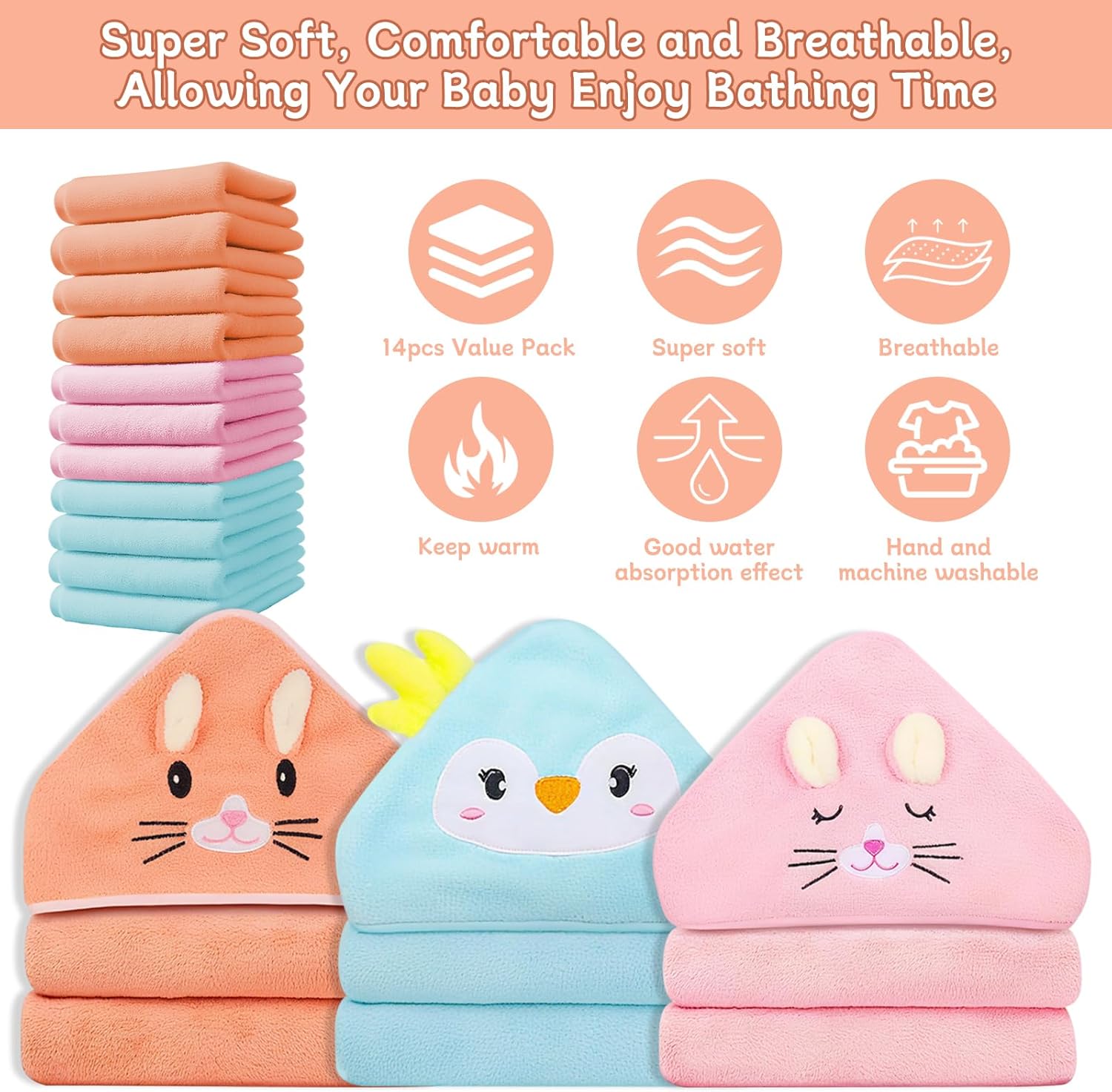 14 PCS Baby Towels, 3 PCS Soft Hooded Baby Towels & 11 PCS Washcloths, Baby Bath Towels for Newborns, Infants & Toddlers, Ultra Absorbent, Cute Baby Towel Gift for Girls