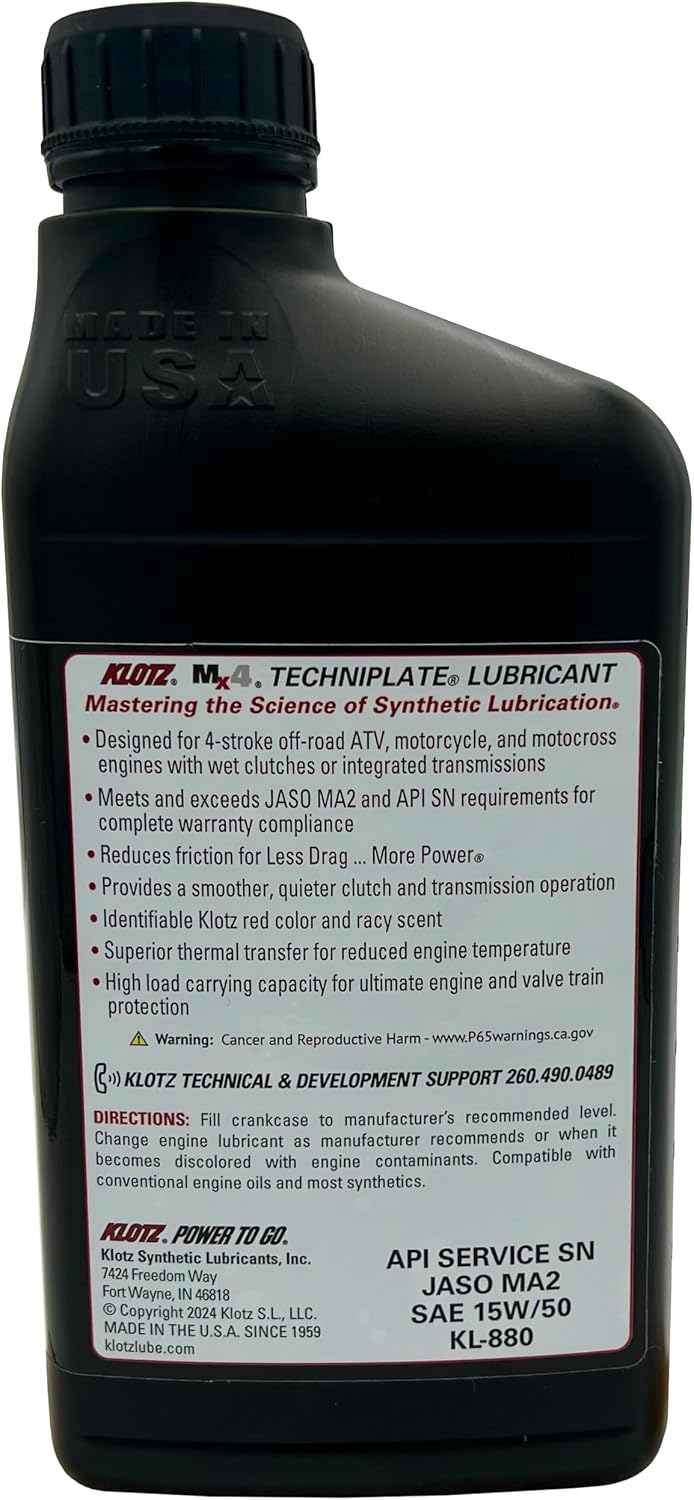 Klotz MX-4 TechniPlate, Hi-Performance Synthetic Motor Oil Lubricant for 4-Stroke Off-Road Racing Motorcycle & ATV Engines | 15W-50 – KL-880 – 1 Quart