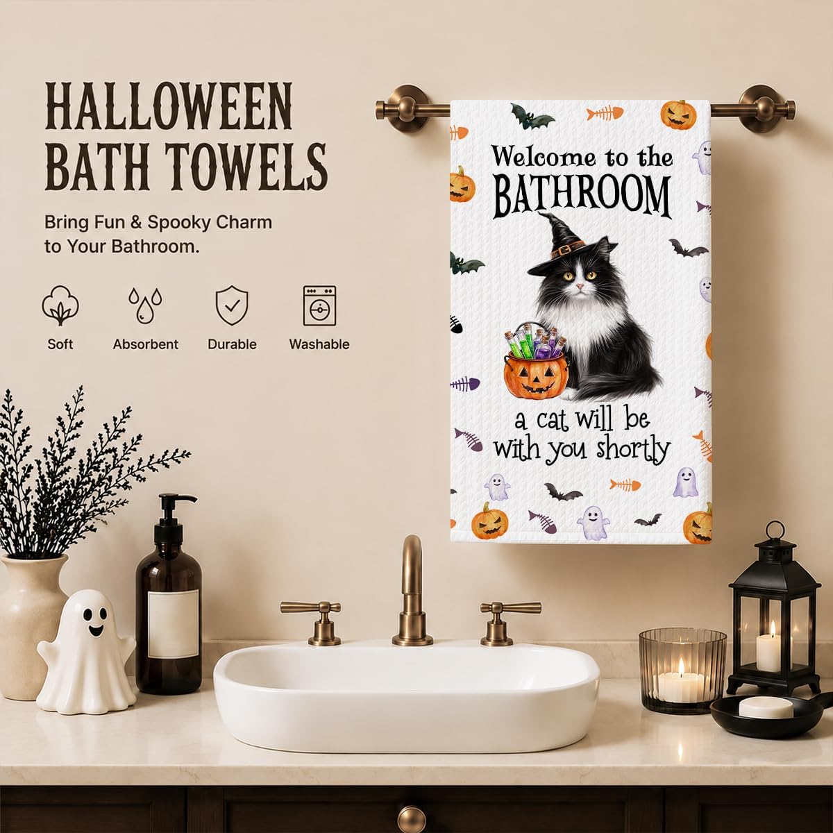 Halloween Cat Bathroom Towels, Maine Coon Cat Gifts Bathroom Decor 10 image 2