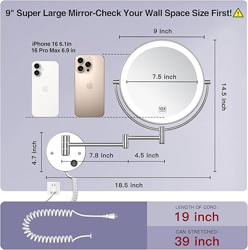 Miniatura 2 de Benbilry Espejo de tocador de maquillaje iluminado de gran tamaño de 9 pulgadas, aumento 1X/10X, espejo de baño alimentado por CA de 2 lados