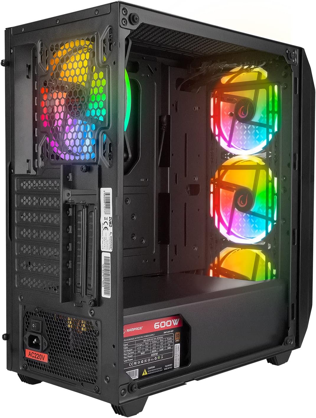 Rampage ZUKO case interior with 600W 80 Plus Bronze PSU visible