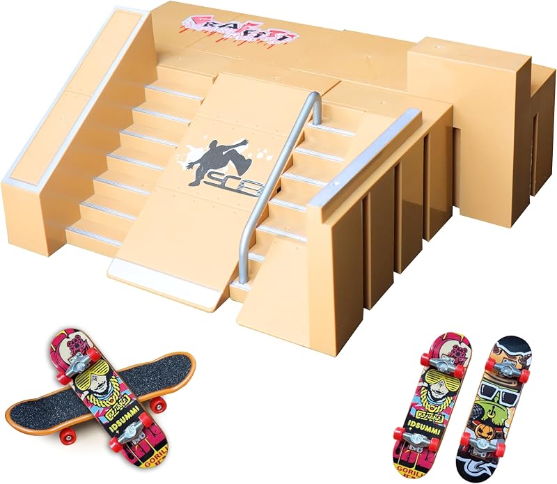 Fingerboard Skate Park Kit with 8 Skatepark Deck Ramp & 2 Mini Fingerboards | Skatepark Deck Ramp for Boys or Girls Gift，DIY Finger Skateboard Ramp Set for Kids Ages 5+