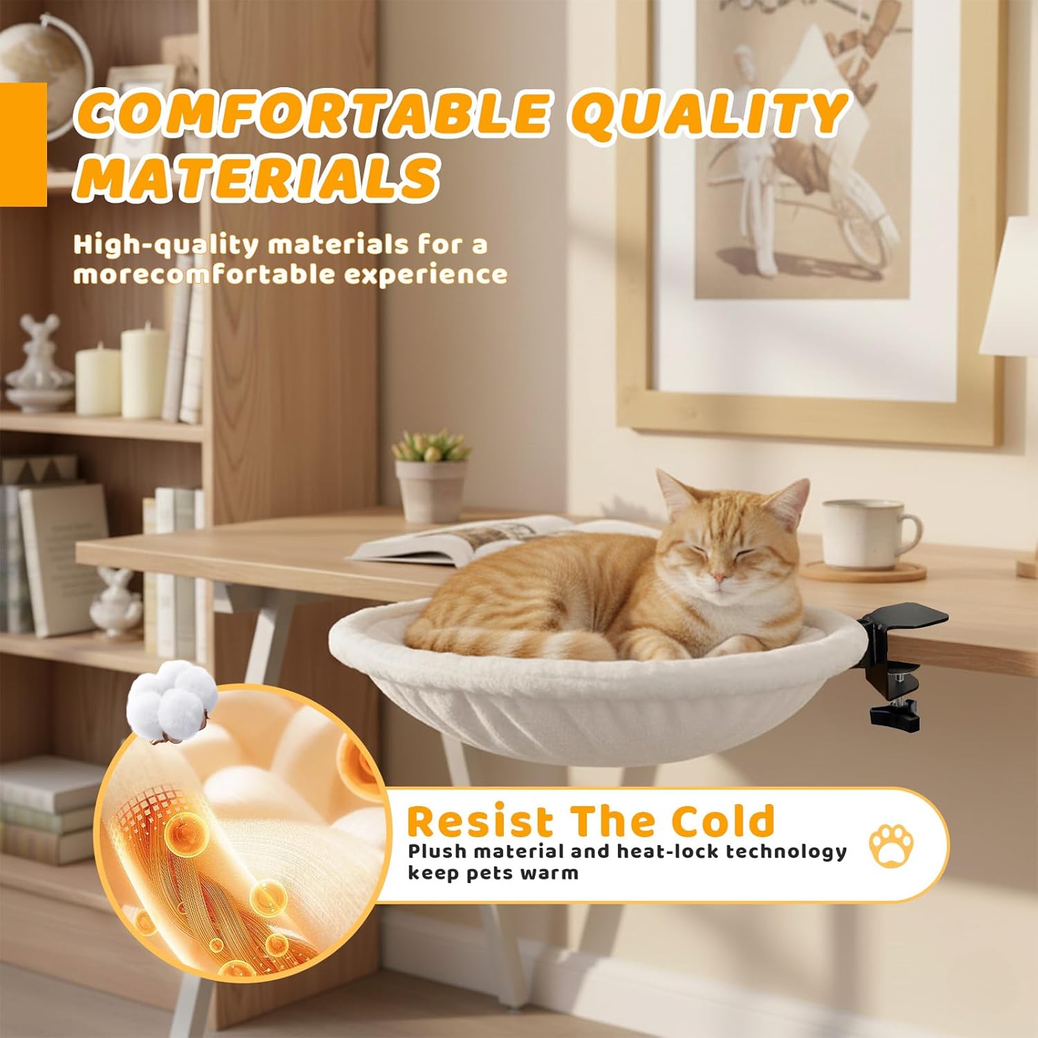 Desk Cat Hammock Bed, 360° Rotation Clamp-On Pet Perch for Home Office & Gaming Desks, No-Drill Space-Saving Cat Bed, 16.5" Round Supports 50 lbs, Includes Soft Washable Pad