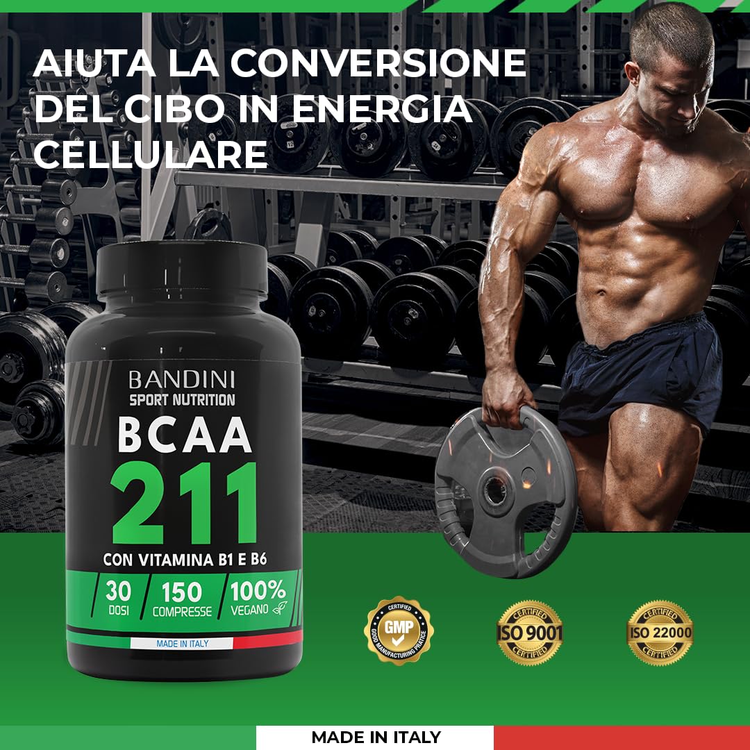Bandini® AMINOACIDI RAMIFICATI BCAA 2 1 1 | 150 Compresse Aminoacidi Ramificati Fermentati con Vitamina B1 e B6 | 2.1.1 con Leucina, Isoleucina, Valina | Intra Pre Post Workout - Per Palestra | Vegan