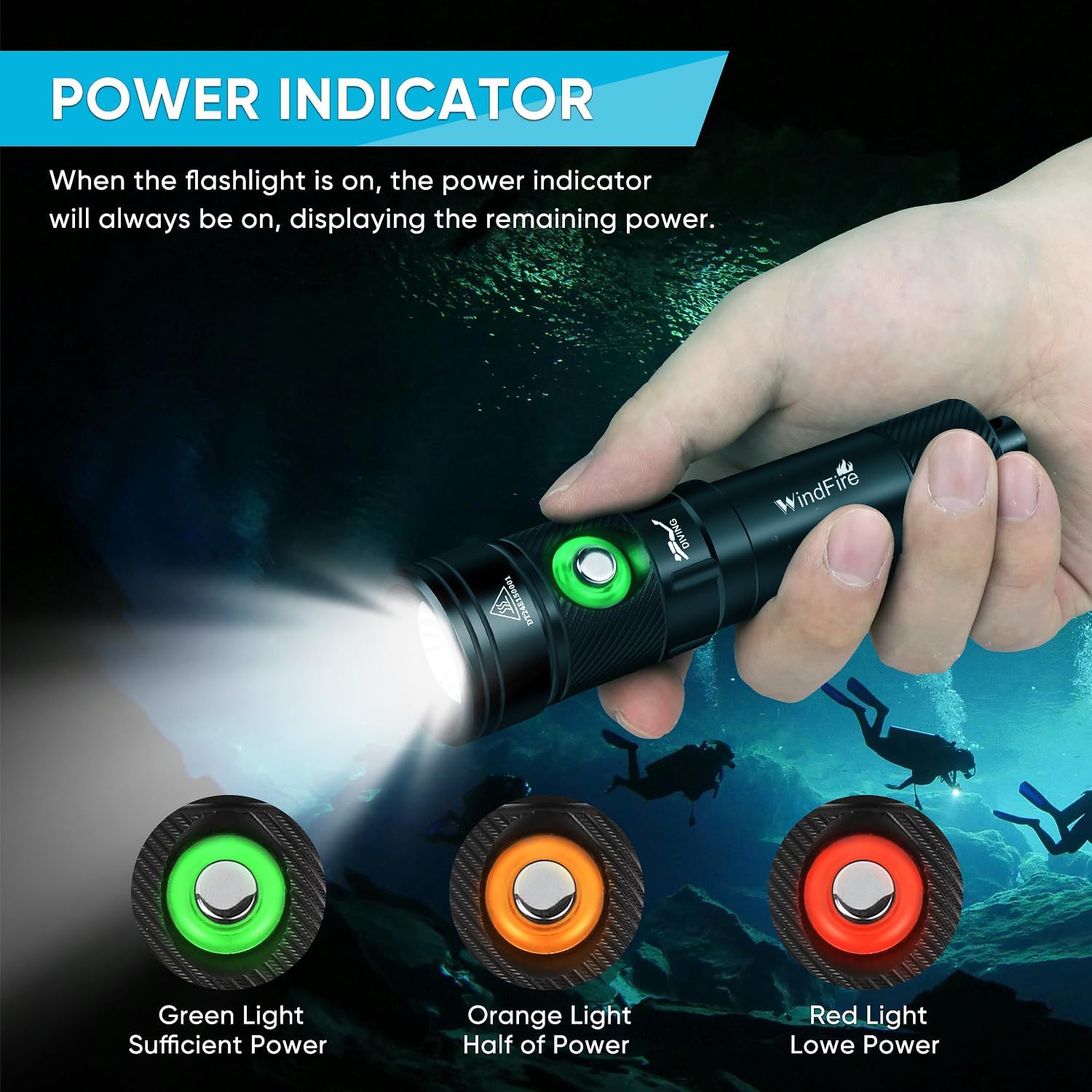 WINDFIRE DF180 Dive Light Scuba Diving Flashlight 4 Modes IPX8 Waterproof Flashlight with Power Indicator and Green Light Scuba Dive Signal Light 2 Modes