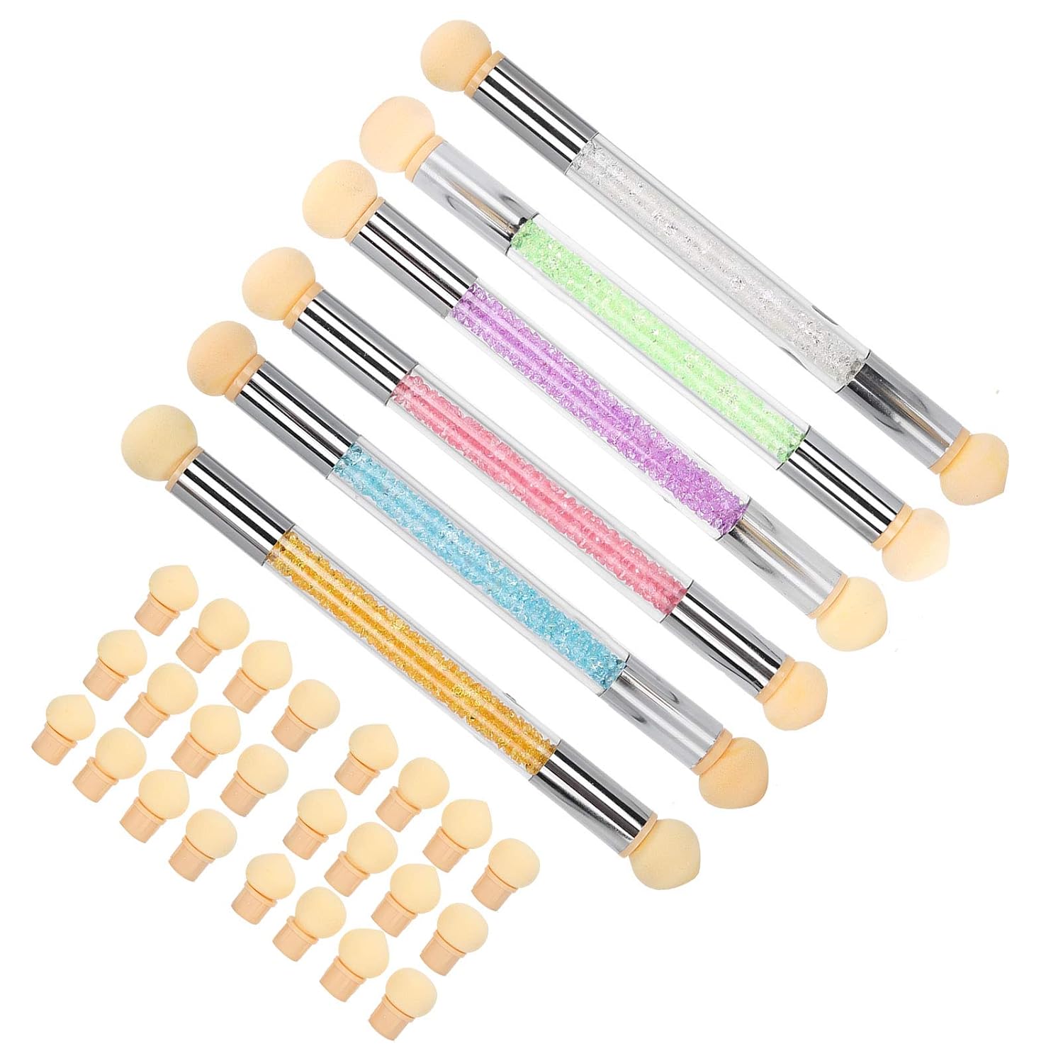 6Pcs Ombre Sponge Nail Brushes Detachable Double Head Art Pen Tool with 4 Replacement Heads, Water Washable Reusable Gradient Sponge Kit for Home Salon & Professional Nail Design