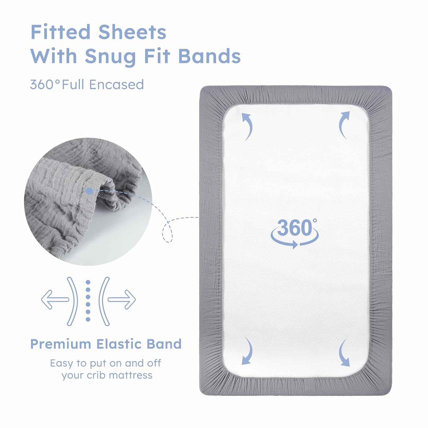 Muslin Crib Sheets for Girl Boy,100% Cotton Baby Crib Sheet for Standard Crib and Toddler Mattress 52"x28", Grey & Blue