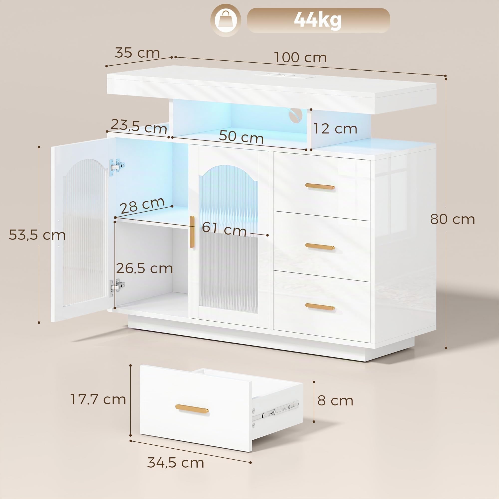 HOMCOM Küchenschrank mit LED, Steckdosen 100x35x80 cm Hochglanz Weiß | Sideboard, 3 Schubladen, 2 Acryl-Türen, Buffetschrank, Soft-Close-Funktion, für Küche, Esszimmer