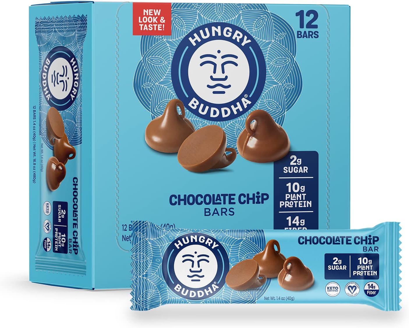 HUNGRY BUDDHA Bars - Plant Based Protein Bars - Vegan Nutrition Bars - Low Sugar Healthy Snacks - Gluten Free Snack Bars - Peanut Free - Protein Bar - Keto Bar - 12 Count [Chocolate Chip].