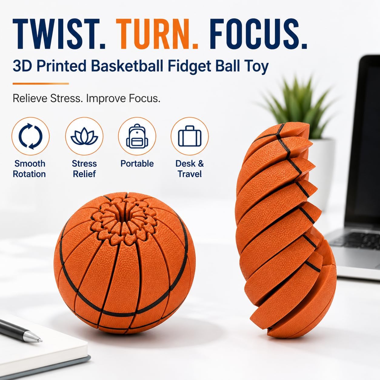 3D Printed Fidget Ball Toy, Twist & Turn Sensory Puzzle, Portable Handheld Focus Game, Anxiety Relief Desk Fidget for Teens Adults, Basketball Style image 2