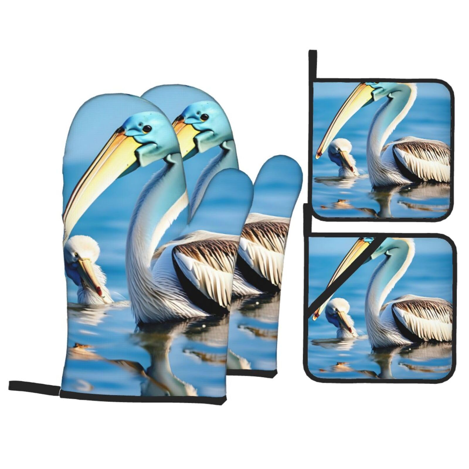 Nimongt Black Pelican Bird Blue Sea Sky Print Heat-Resistant 4-Piece Oven Kitchen Gloves For Baking Cooking Microwaving Essentials