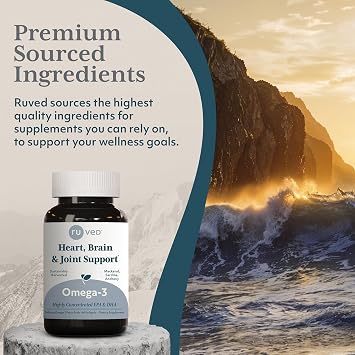 ruved Omega-3, Heart, 1000mg Per Capsule, 60 Softgel Capsules (1 Count) | Omega 3 Fish Oil EPA & DHA Fish Oil Supplement for Women & Men, Brain, Joint Support