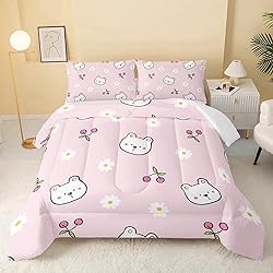 QOOMO Kawaii Bear Comforter,Pink Cherry Bear Comforter Set for Kids Teens Girls,3Pcs Bedding Set Printed Comforter with 2 Pillowcases,Down Alternative,Soft and Lightweight(Pink，Twin Size)