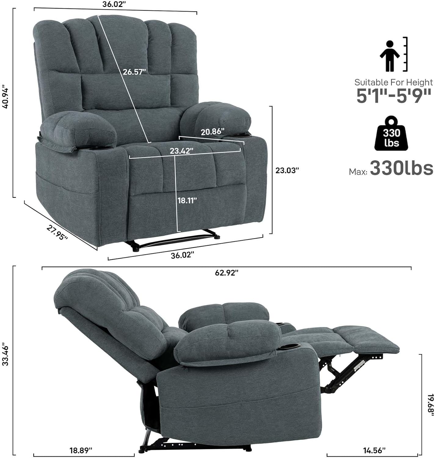 Diagram showing detailed dimensions of the FTOPBTB recliner chair and user recommendations