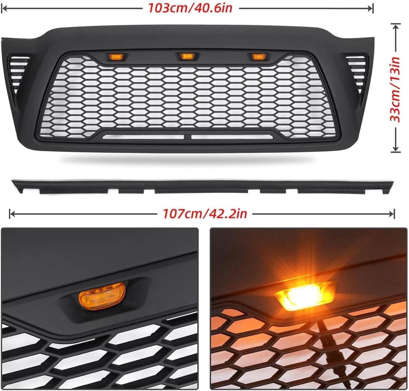 Mesh Front Grill with Amber LED, Compatible with The Following Models: Toyota Tacoma 2005-2011, Matte Black Shell TRD Pro Aftermarket (Parrilla para Tacoma)