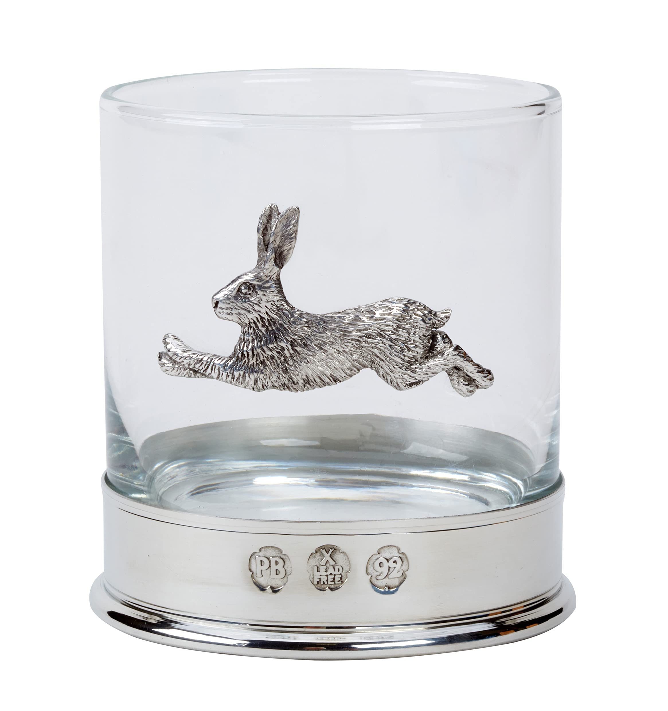 Lead Free pewterware Mounted 12oz Whisky Glass with a Running Hare Emblem, in a Presentation Box of 1, 2 or 4 Glasses (1)