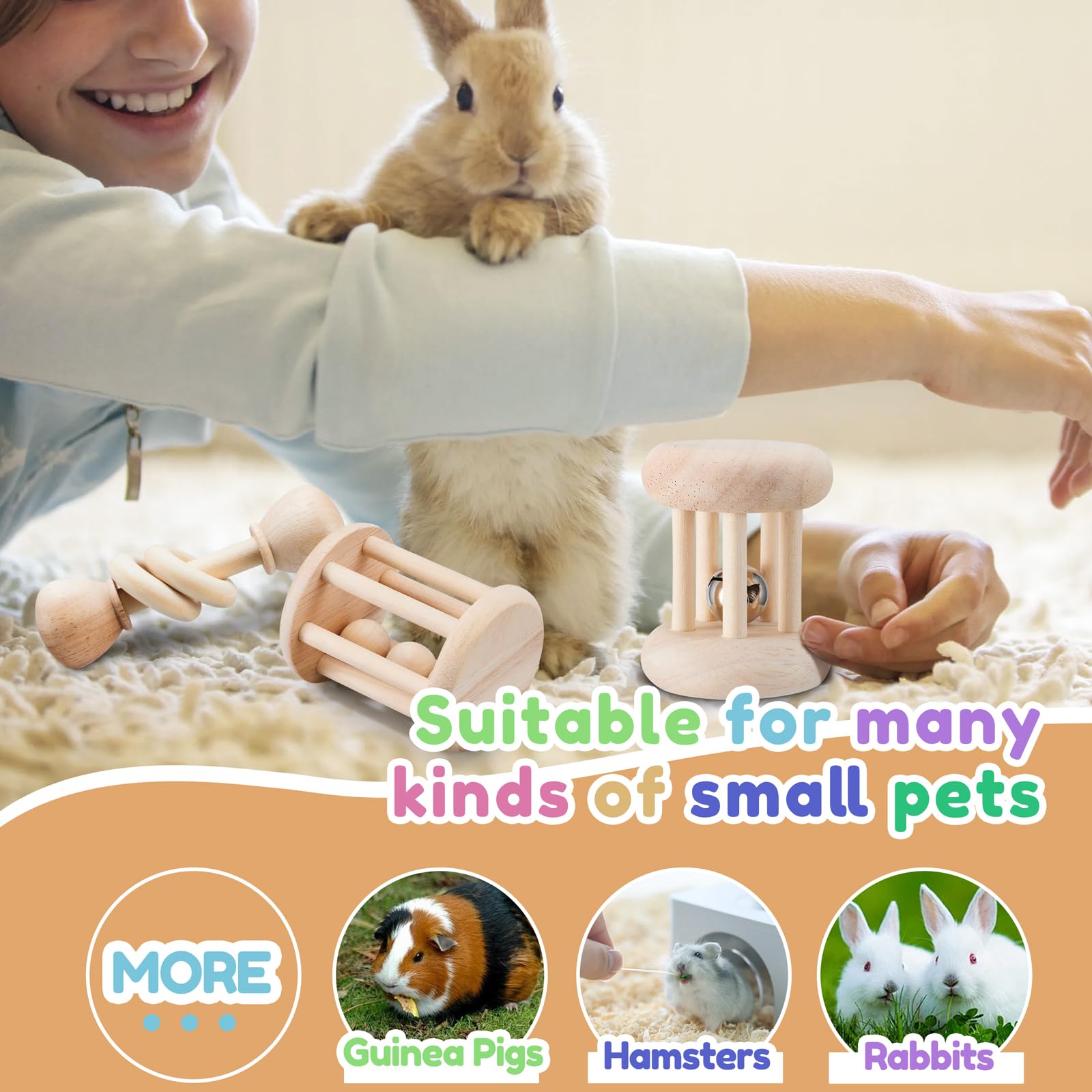 AOWPFVV 3 Pcs Wooden Bunny Toys - Safe Rabbit & Guinea Pigs Teeth Grinding Toys for Chinchillas, Hamsters & Small Animals - Indoor & Outdoor - image 2