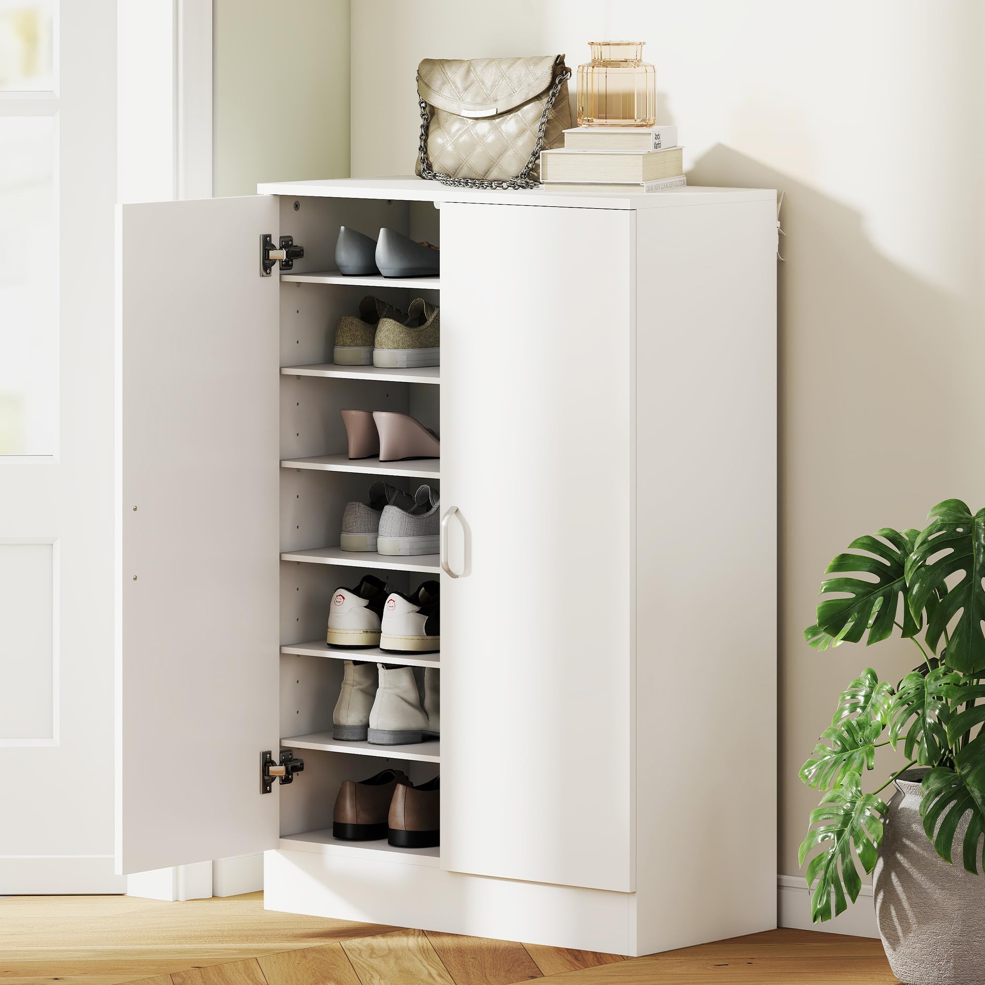 HOMCOM Schuhschrank mit 2 Türen, Schuhregal, Schuhaufbewahrung mit 6 Verstellbaren Ablagen Schuhkommode mit Soft-Close-Funktion für 21 Paar Schuhe 70 x 35 x 108 cm, Weiß