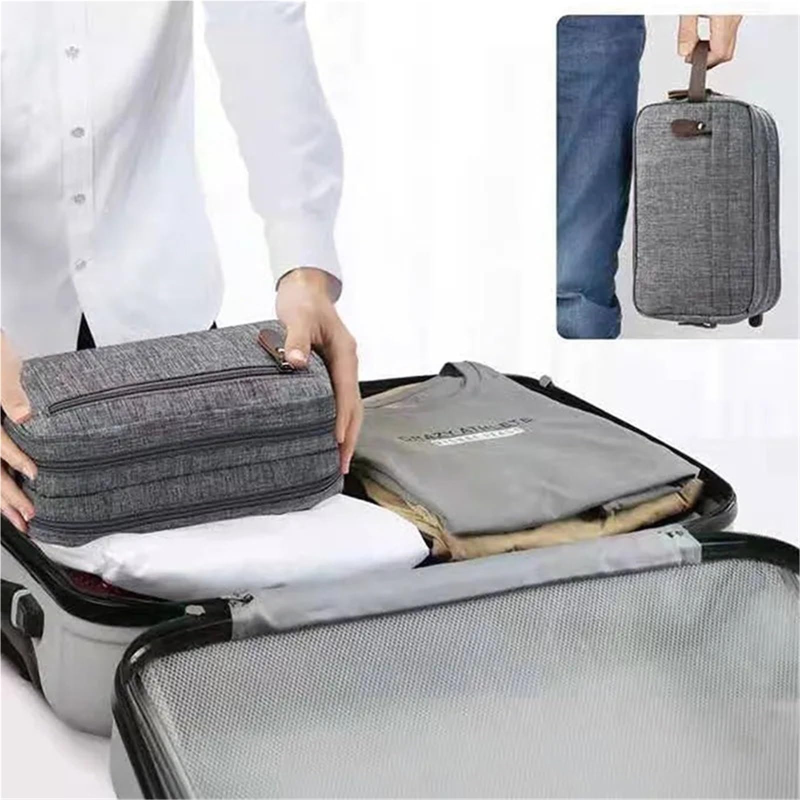 Neceser Neceser de Lona Informal con asa de Cuero for Hombre y Mujer, Bolsa organizadora Impermeable for Viaje, Lavado, Afeitado, Almacenamiento de artículos de tocador(Black)