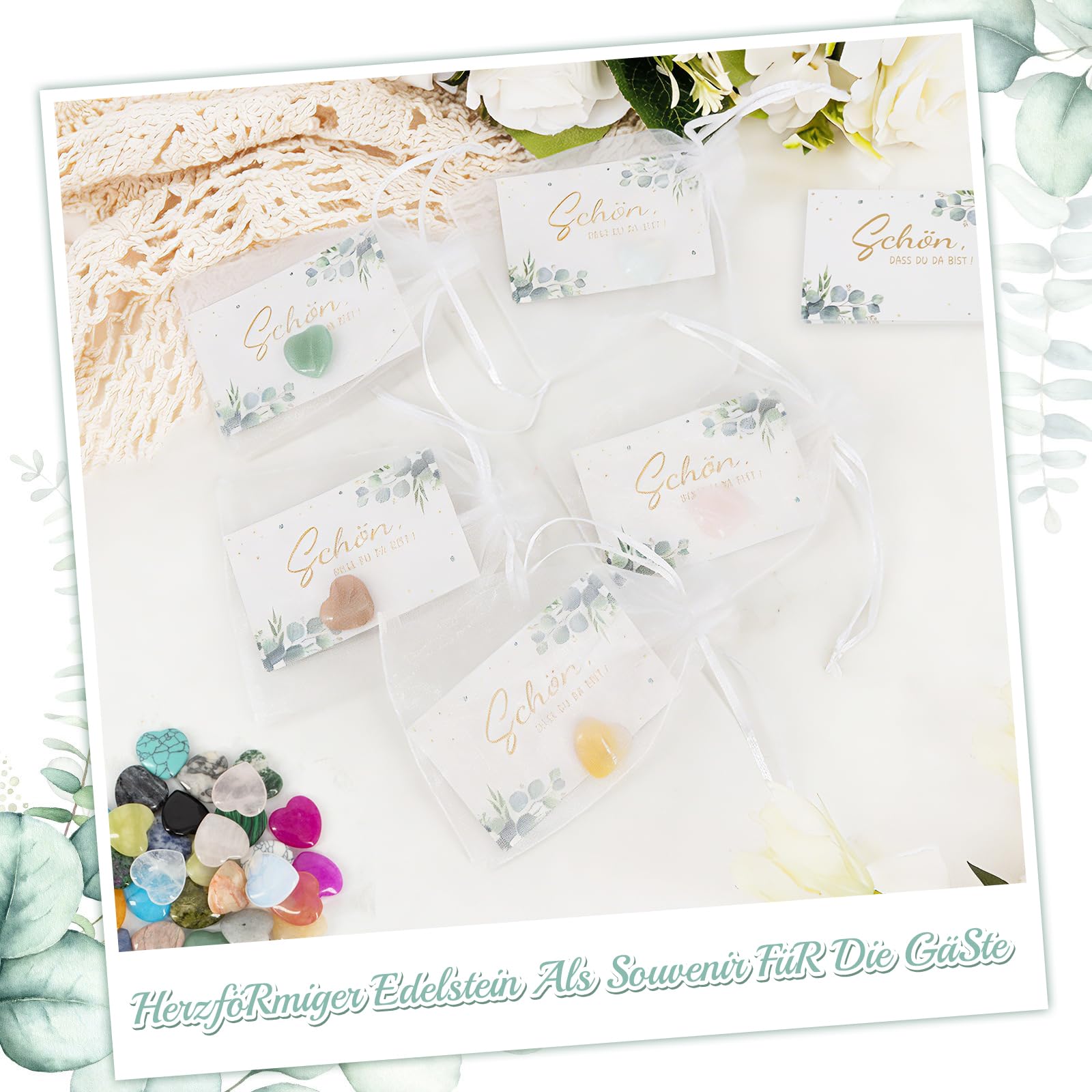 ZYNERY 30 Stück Herz Steine Gastgeschenk Hochzeit mit Karte im Organzasäckchen Schön dass du da bist Gastgeschenk Herzsteine für Hochzeit Gastgeschenke Taufe Kommunion