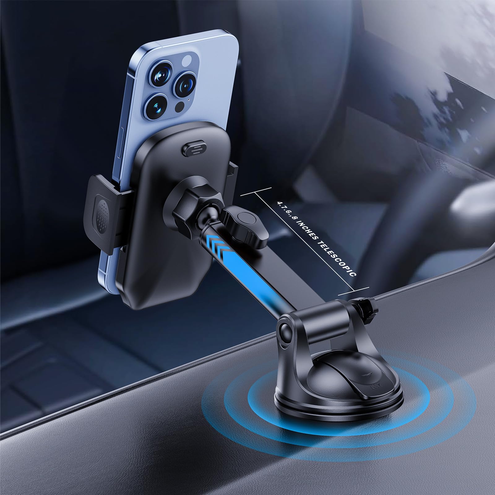 Soporte para teléfono de coche - [actualización 2025 - Ventosa fuerte], rotación de 360° para el salpicadero de tu coche, soporte manos libres para todos los teléfonos iPhone Android